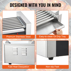 Hot Dog Roller 7 Rollers 18 Hot Dogs Capacity 1050W Stainless Sausage Grill Cooker Machine with Dual Temp Control Glass Hood Acrylic Cover Bun Warmer Shelf Removable Oil Drip Tray, ETL Certified