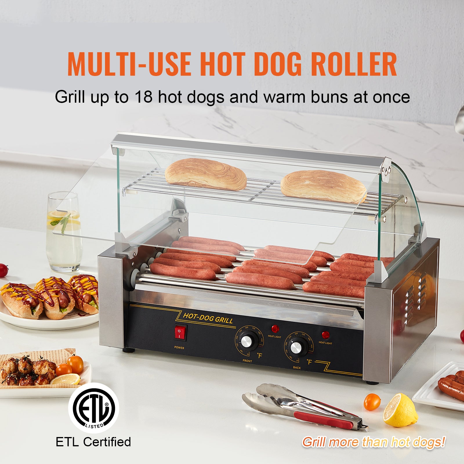 Hot Dog Roller 7 Rollers 18 Hot Dogs Capacity 1050W Stainless Sausage Grill Cooker Machine with Dual Temp Control Glass Hood Acrylic Cover Bun Warmer Shelf Removable Oil Drip Tray, ETL Certified