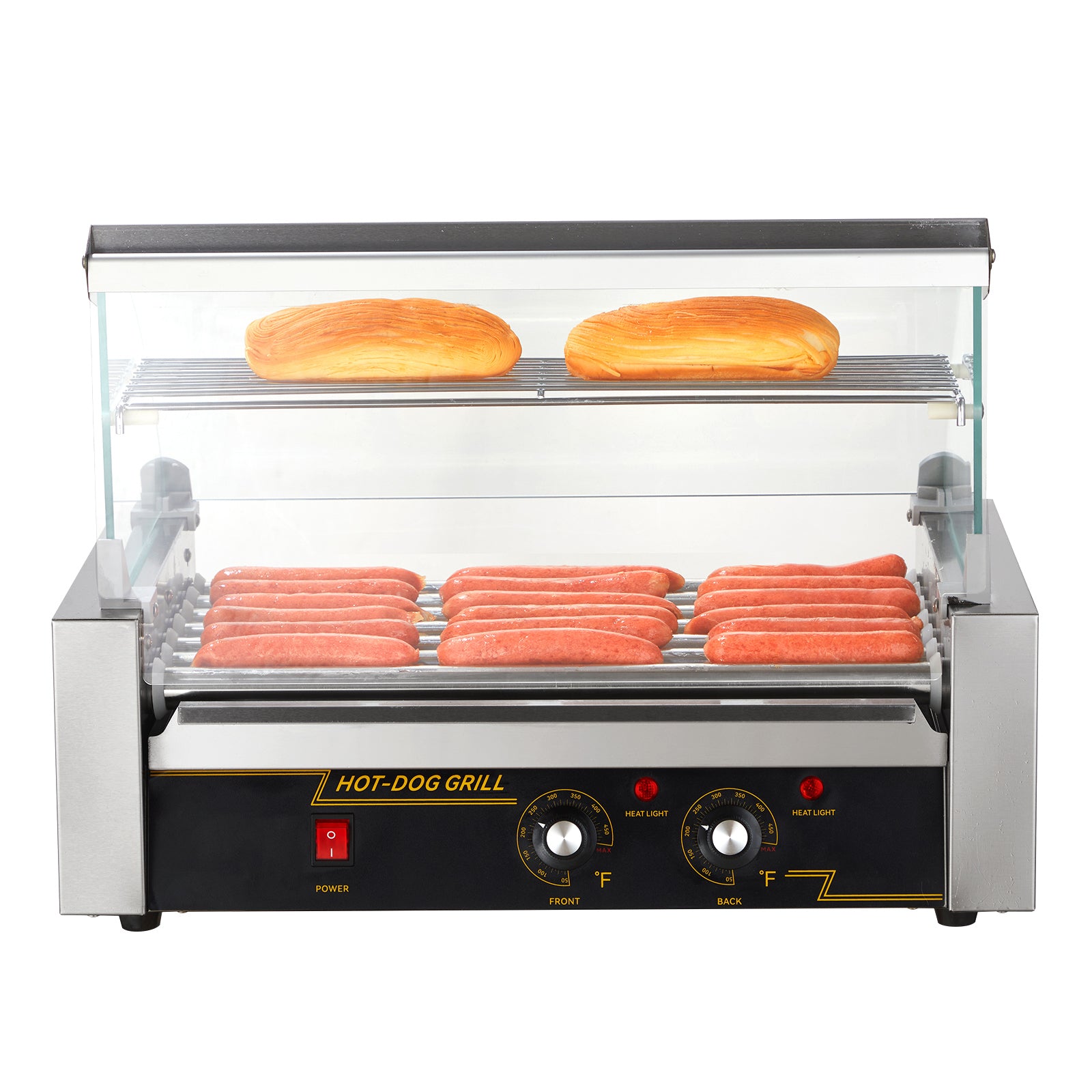 Hot Dog Roller 7 Rollers 18 Hot Dogs Capacity 1050W Stainless Sausage Grill Cooker Machine with Dual Temp Control Glass Hood Acrylic Cover Bun Warmer Shelf Removable Oil Drip Tray, ETL Certified