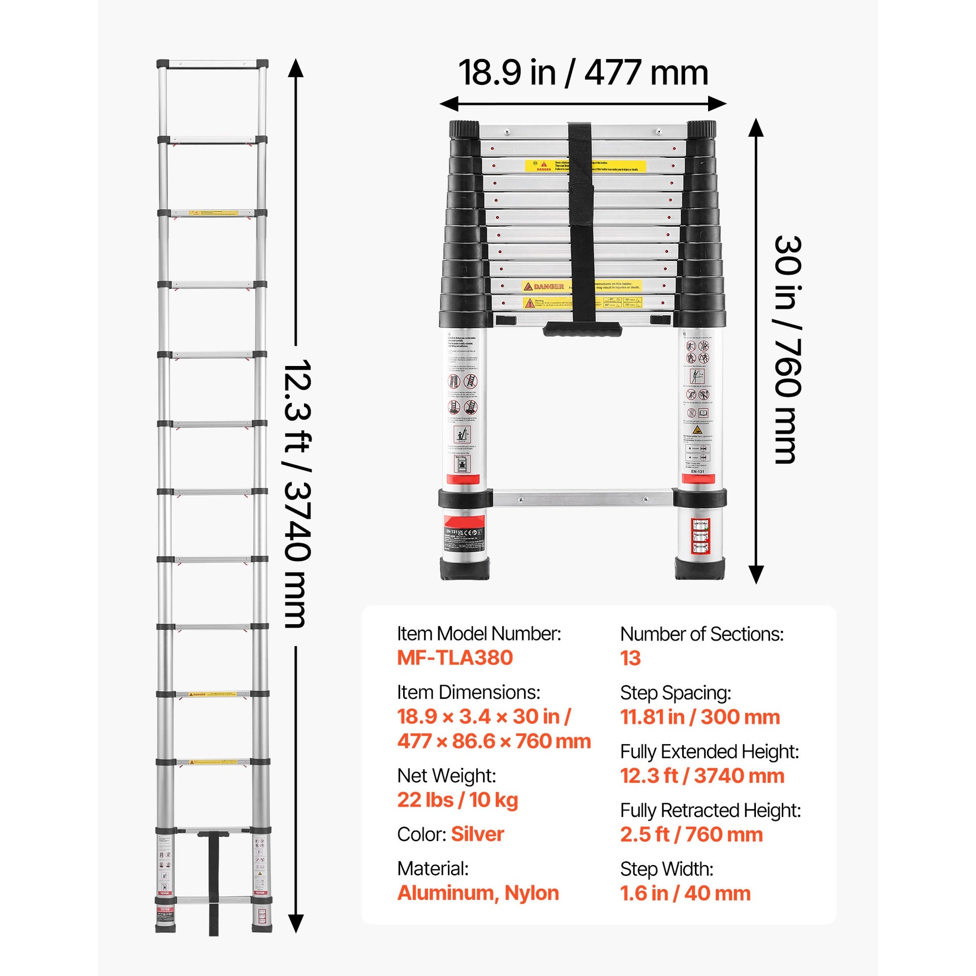 12.5ft Telescoping Ladder, Aluminum Lightweight Multi-Purpose Collapsible Extension, One-Touch Retraction Ladder, Heavy Duty 330LBS Max Capacity with Non-Slip Feet, for Home, Outdoor Work, Loft