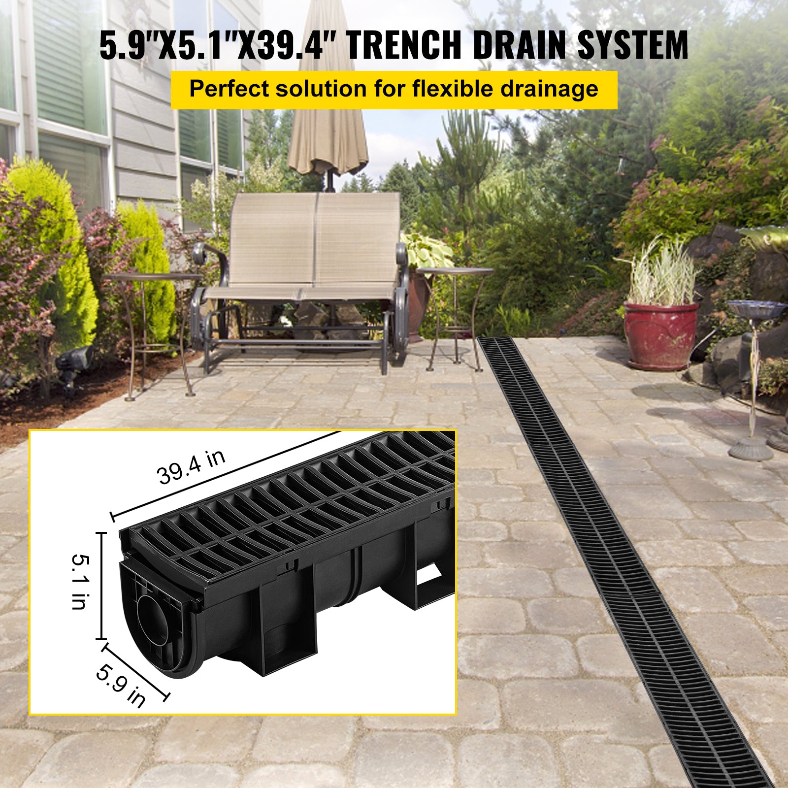 Trench Drain System, Channel Drain with Plastic Grate, 5.9x5.1-Inch HDPE Drainage Trench, Black Plastic Garage Floor Drain, 6x39 Trench Drain Grate, with 6 End Caps, for Garden, Driveway-6 Pack