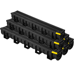 Trench Drain System, Channel Drain with Plastic Grate, 5.9x5.1-Inch HDPE Drainage Trench, Black Plastic Garage Floor Drain, 6x39 Trench Drain Grate, with 6 End Caps, for Garden, Driveway-6 Pack