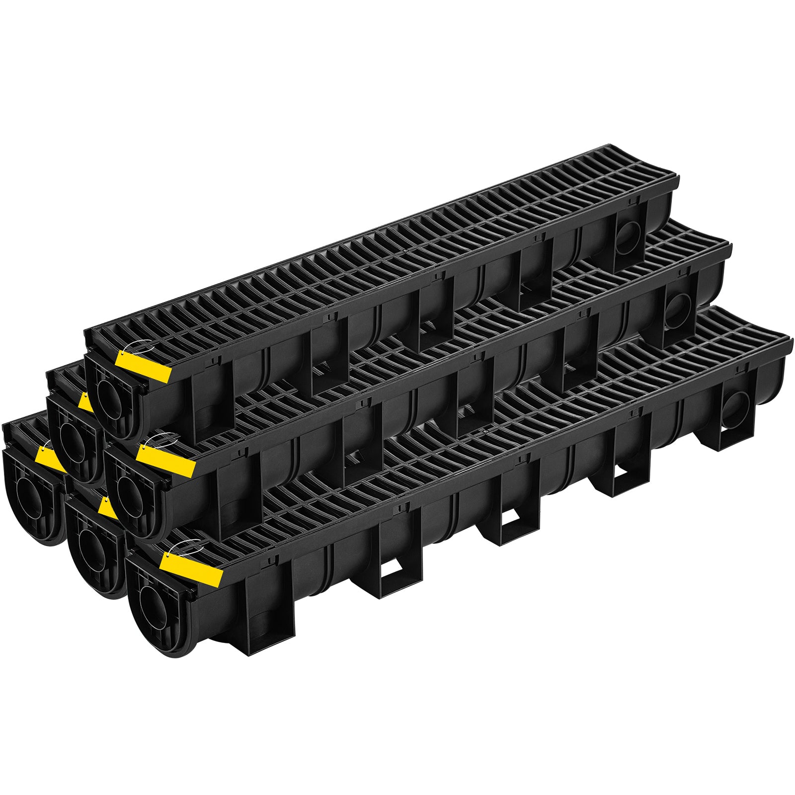 Trench Drain System, Channel Drain with Plastic Grate, 5.9x5.1-Inch HDPE Drainage Trench, Black Plastic Garage Floor Drain, 6x39 Trench Drain Grate, with 6 End Caps, for Garden, Driveway-6 Pack