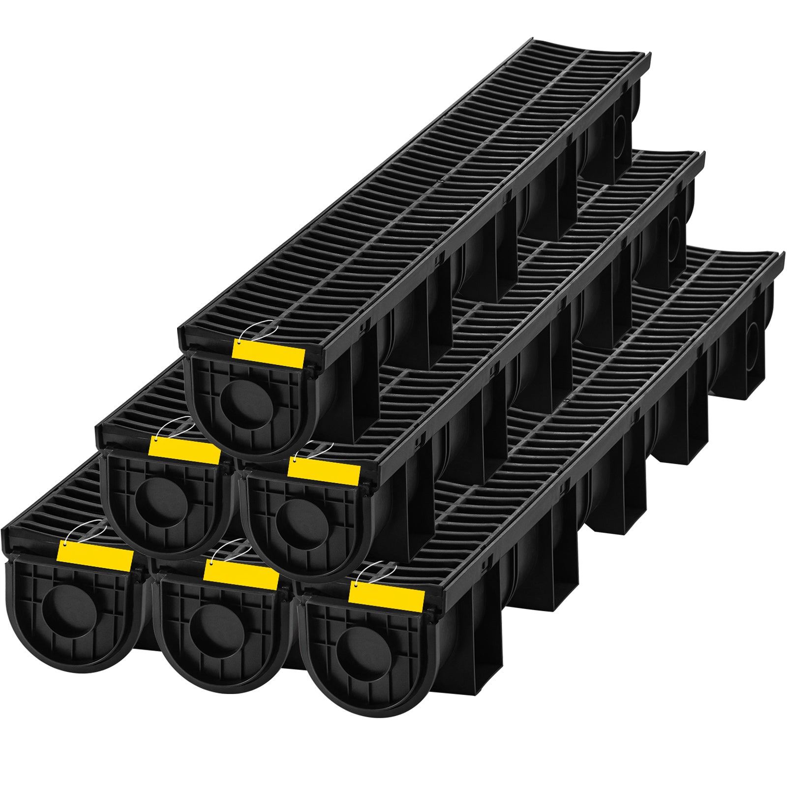 Trench Drain System, Channel Drain with Plastic Grate, 5.9x5.1-Inch HDPE Drainage Trench, Black Plastic Garage Floor Drain, 6x39 Trench Drain Grate, with 6 End Caps, for Garden, Driveway-6 Pack