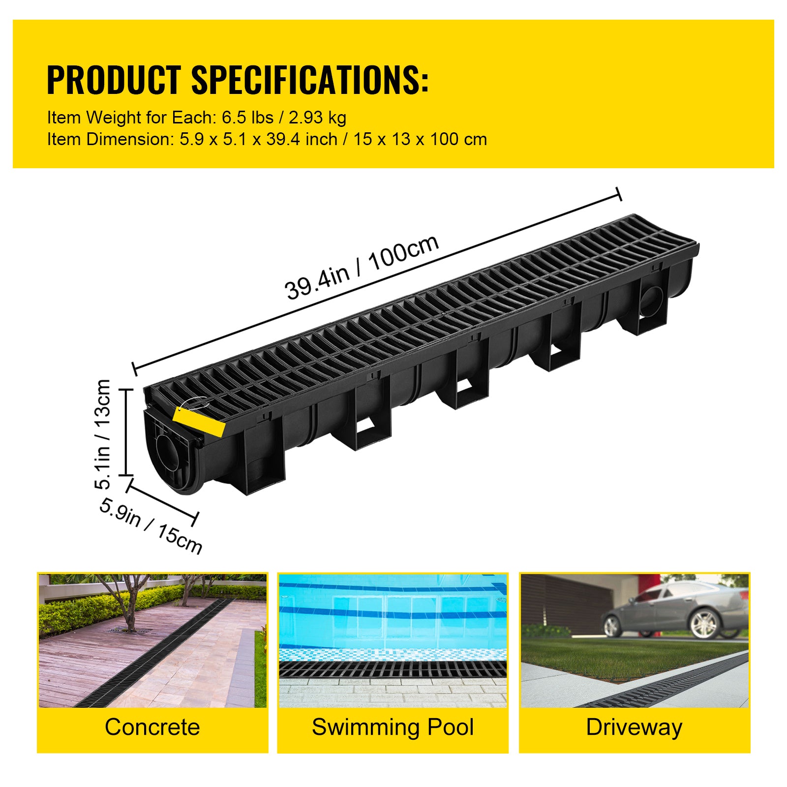 Trench Drain System, Channel Drain with Plastic Grate, 5.9x5.1-Inch HDPE Drainage Trench, Black Plastic Garage Floor Drain, 6x39 Trench Drain Grate, with 6 End Caps, for Garden, Driveway-6 Pack