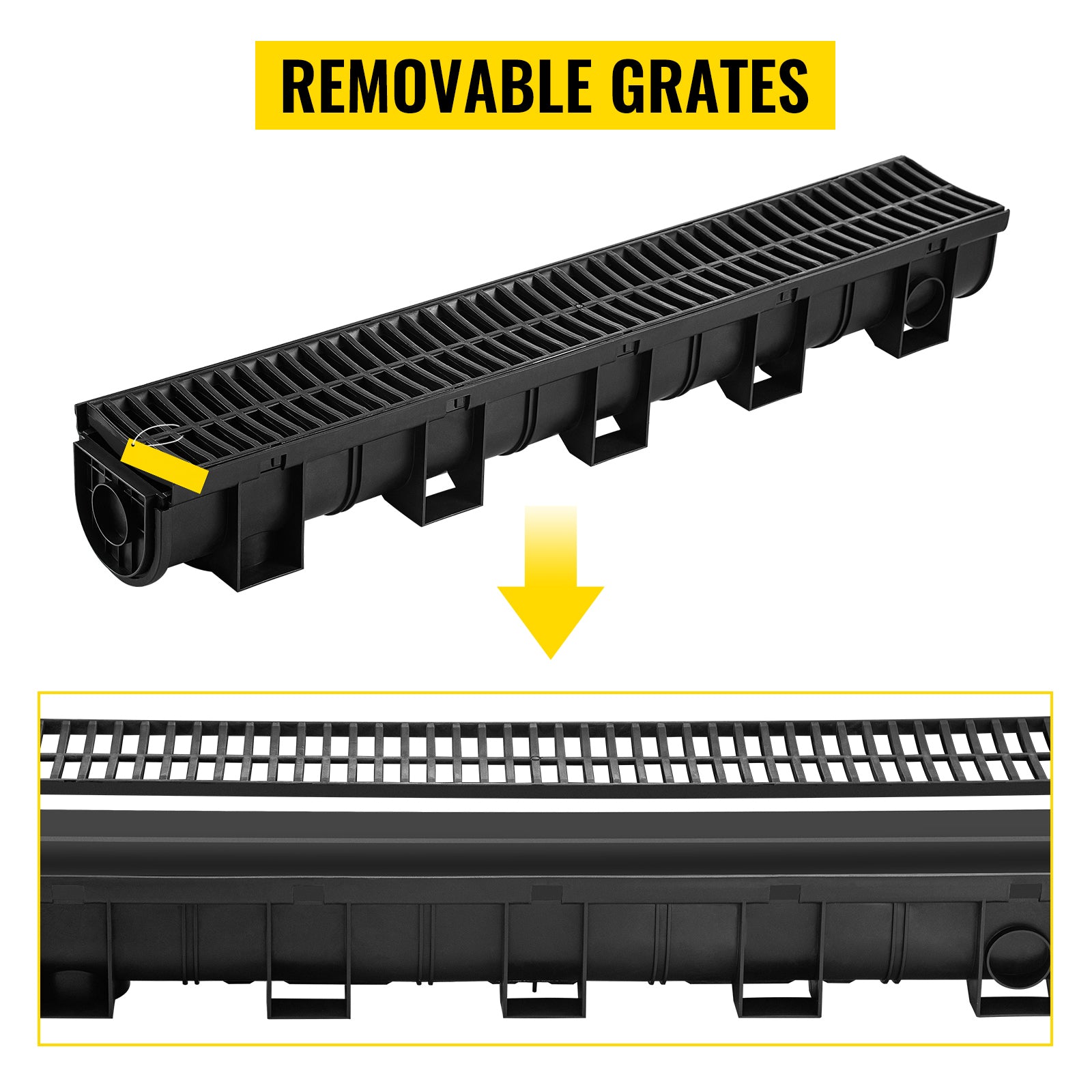 Trench Drain System, Channel Drain with Plastic Grate, 5.9x5.1-Inch HDPE Drainage Trench, Black Plastic Garage Floor Drain, 6x39 Trench Drain Grate, with 6 End Caps, for Garden, Driveway-6 Pack