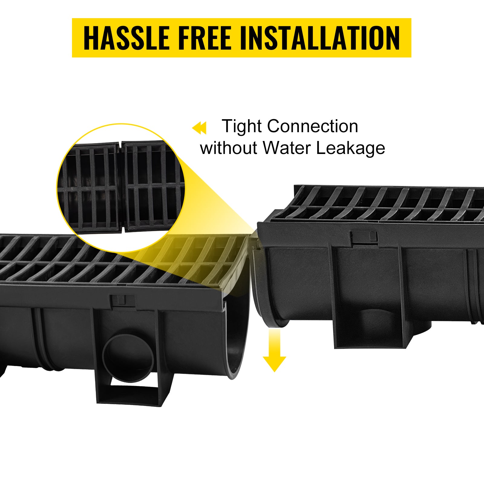 Trench Drain System, Channel Drain with Plastic Grate, 5.9x5.1-Inch HDPE Drainage Trench, Black Plastic Garage Floor Drain, 6x39 Trench Drain Grate, with 6 End Caps, for Garden, Driveway-6 Pack