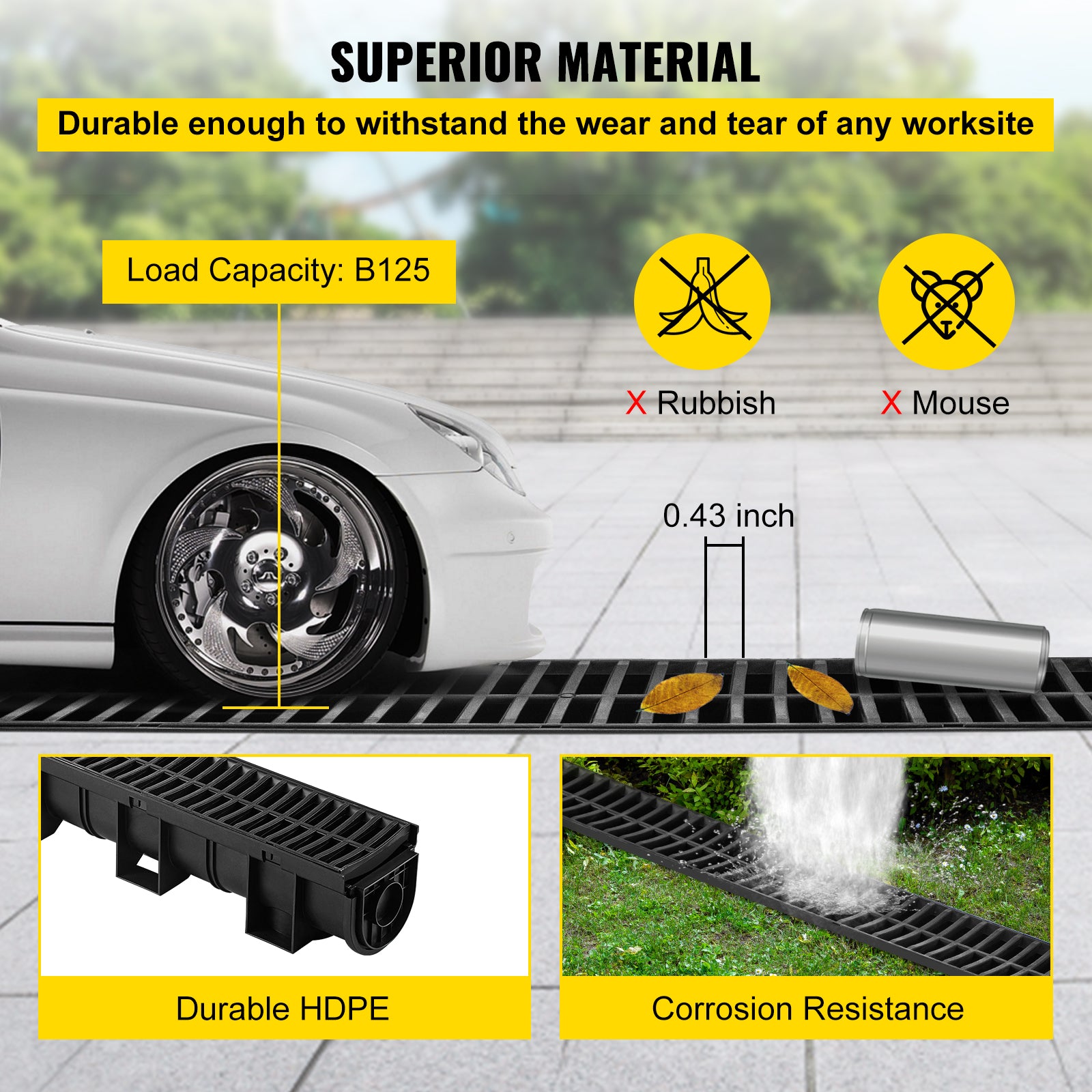 Trench Drain System, Channel Drain with Plastic Grate, 5.9x5.1-Inch HDPE Drainage Trench, Black Plastic Garage Floor Drain, 6x39 Trench Drain Grate, with 6 End Caps, for Garden, Driveway-6 Pack