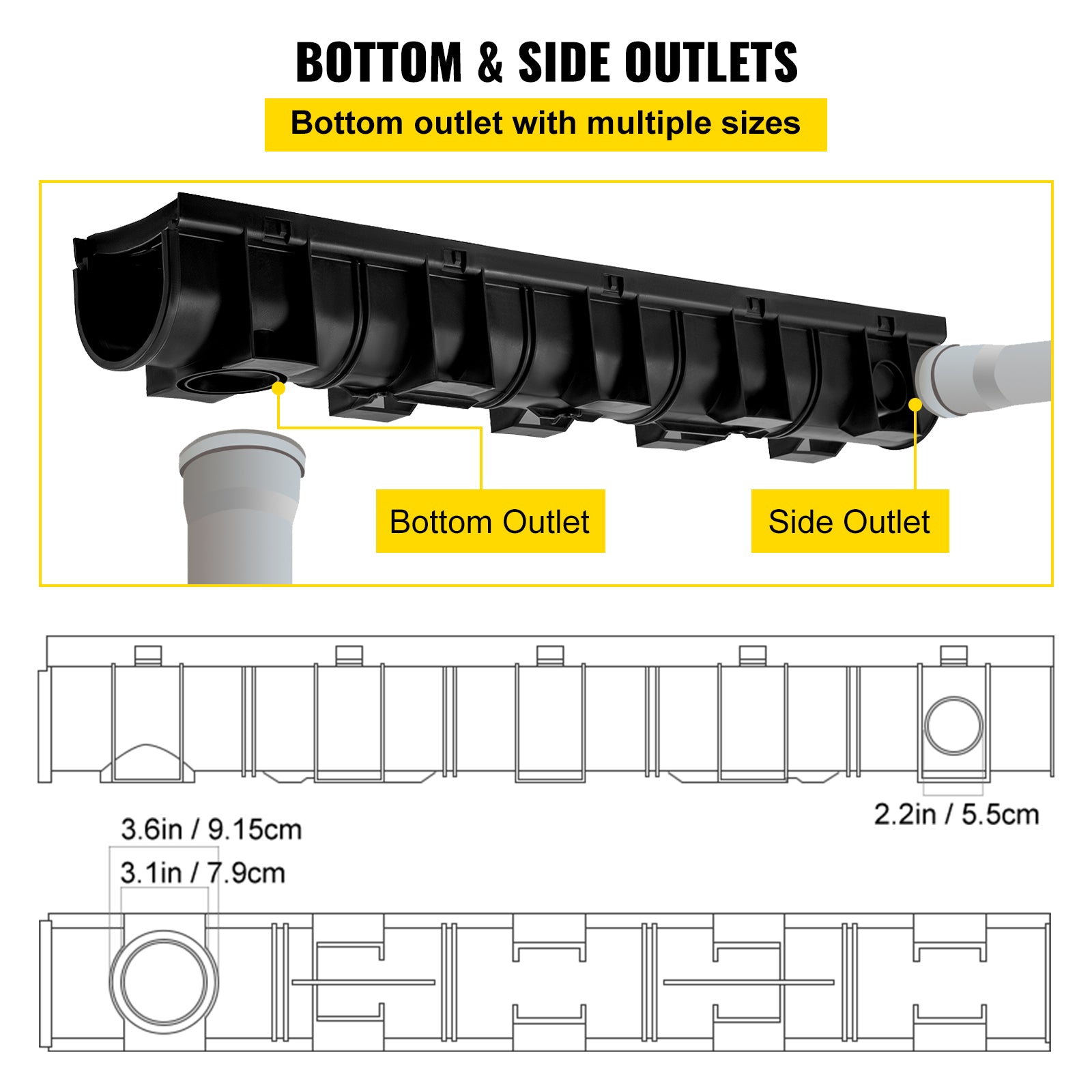 Trench Drain System, Channel Drain with Plastic Grate, 5.9x5.1-Inch HDPE Drainage Trench, Black Plastic Garage Floor Drain, 6x39 Trench Drain Grate, with 6 End Caps, for Garden, Driveway-6 Pack