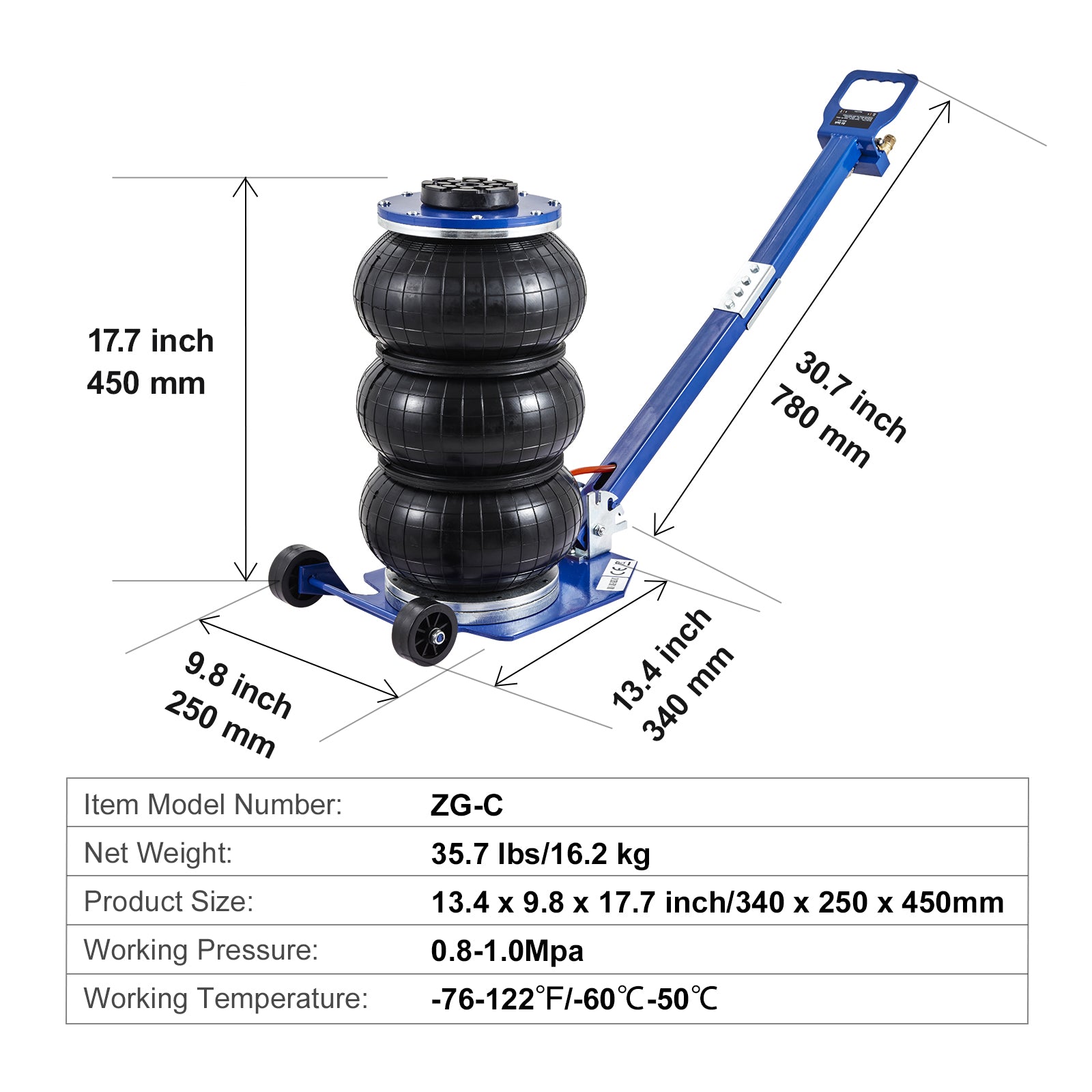 Air Jack, 3 Ton/6600 lbs Triple Bag Air Jack, Airbag Jack with Six Steel Pipes, Lift up to 17.7", 3-5 s Fast Lifting Pneumatic Jack, with Adjustable Long Handles for Cars, Garages, Repair (Blue)