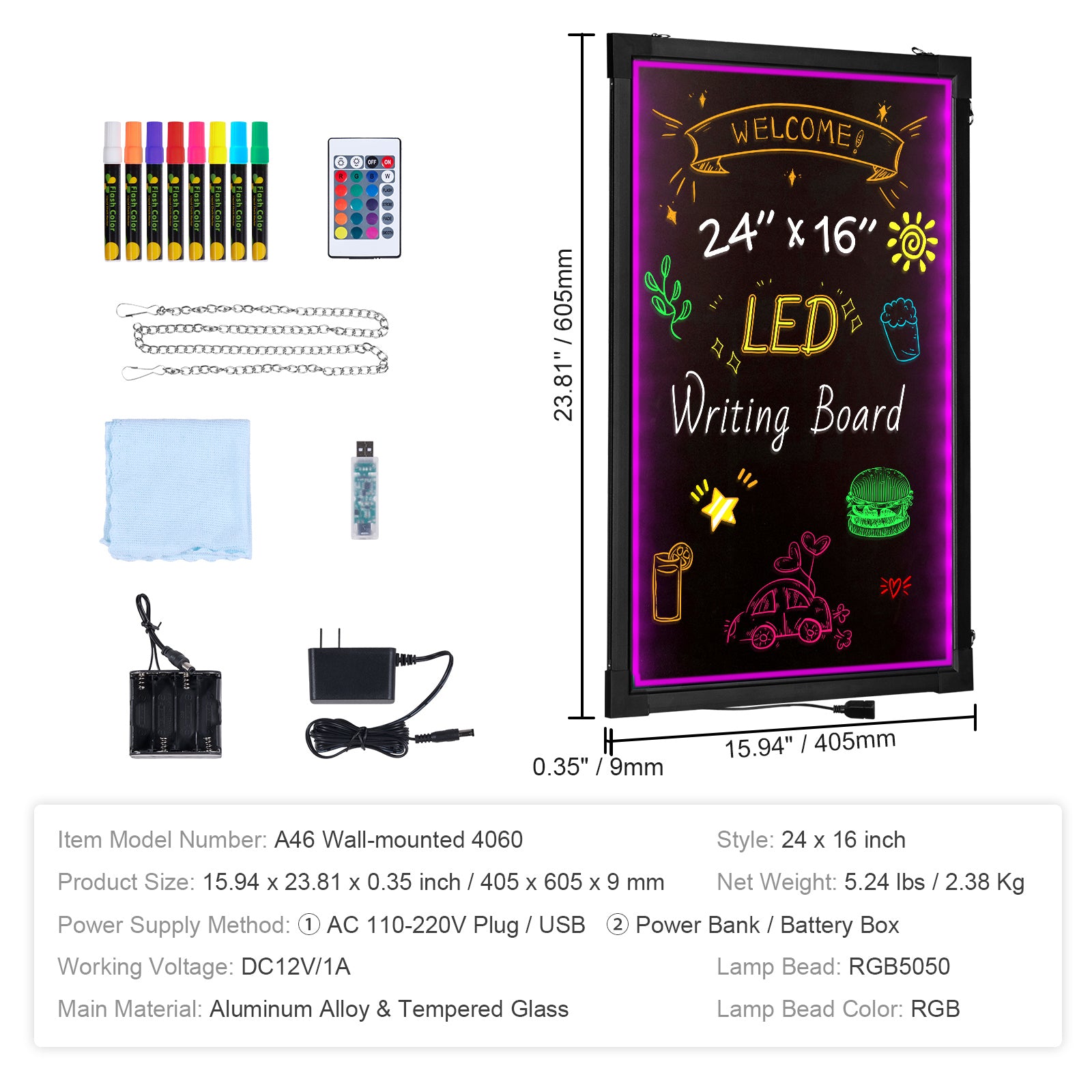 LED Message Writing Board, 24"x16" Illuminated Erasable Lighted Chalkboard, Neon Effect Menu Sign Board, Drawing Board with 8 Fluorescent Chalk Markers and Remote Tested to UL Standards