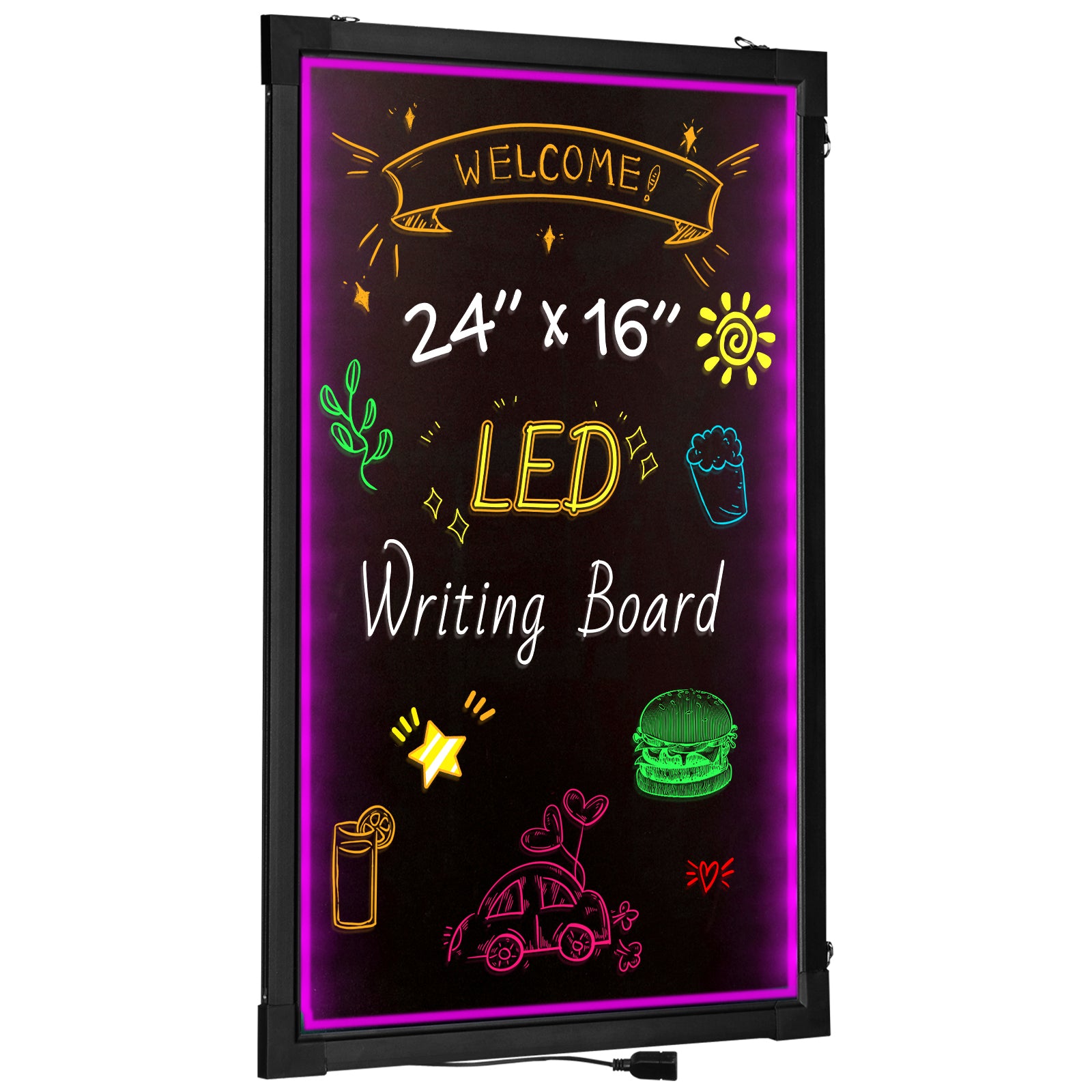 LED Message Writing Board, 24"x16" Illuminated Erasable Lighted Chalkboard, Neon Effect Menu Sign Board, Drawing Board with 8 Fluorescent Chalk Markers and Remote Tested to UL Standards