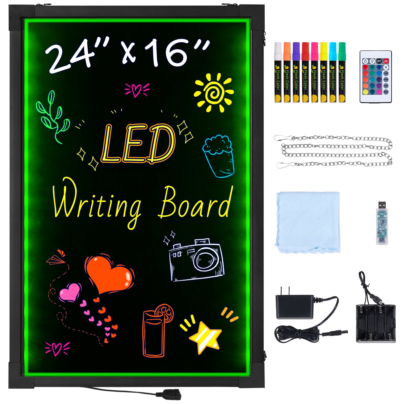 LED Message Writing Board, 24"x16" Illuminated Erasable Lighted Chalkboard, Neon Effect Menu Sign Board, Drawing Board with 8 Fluorescent Chalk Markers and Remote Tested to UL Standards