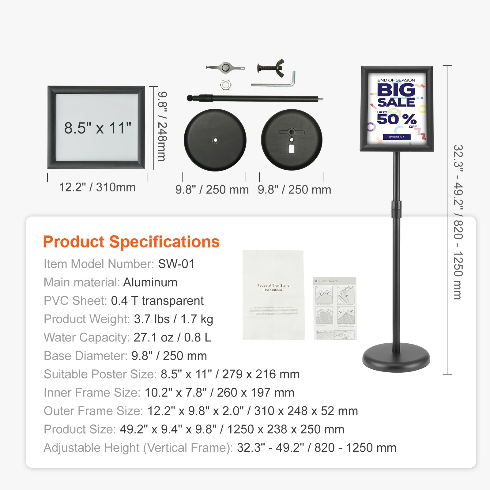 Pedestal Sign Holder, 8.5 x 11 Inch Vertical and Horizontal Adjustable Poster Stand, Heavy-Duty Floor Standing Sign Holder with Round Base for Display, Advertisement, and Outdoor, Black