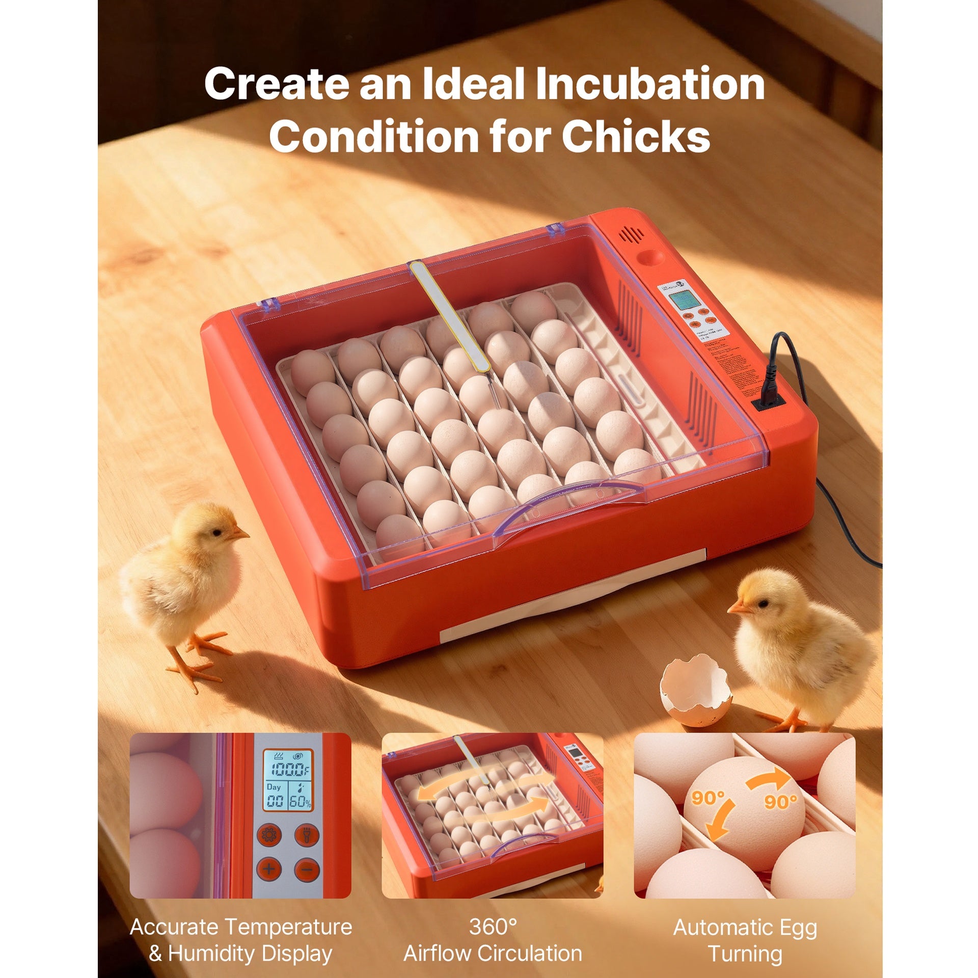 36 Egg Incubator, Automatic Egg Turner with LED Candler & Water Tray, Temperature & Humidity Control, 360° View Clear Window, Poultry Eggs Incubators for Hatching Chicks Ducks Goose Quails