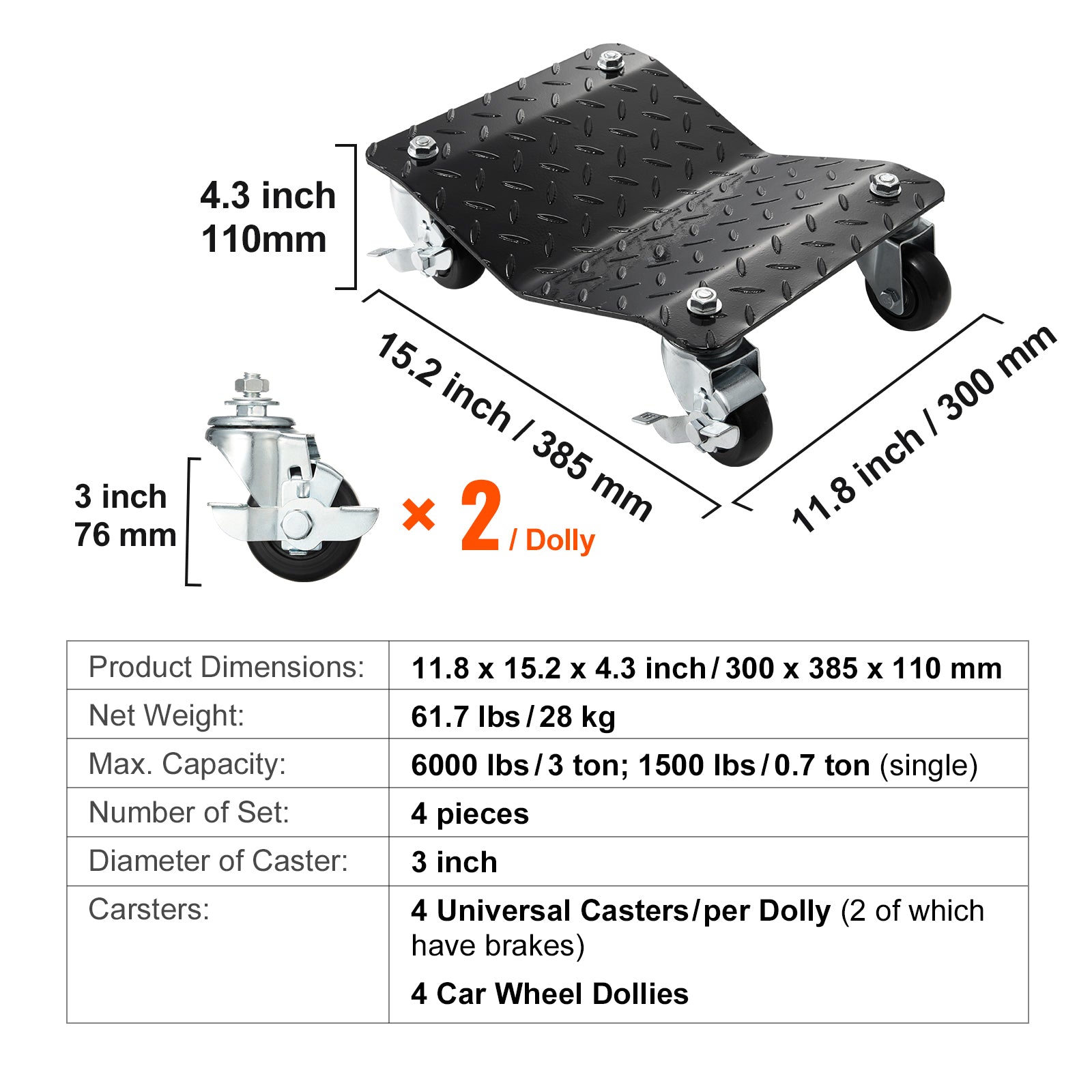Wheel Dolly, 6000 lbs/2722 kg Car Moving Dolly, Wheel Dolly Car Tire Stake Set of 4 Piece, Heavy-duty Car Tire Dolly Cart Moving Cars, Trucks, Trailers, Motorcycles, and Boats