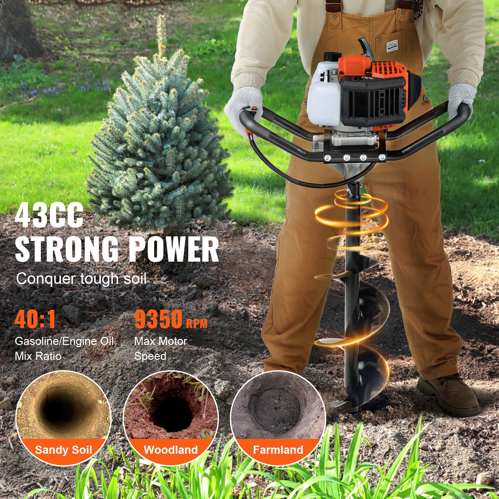 Post Hole Digger, 43cc 1250W Auger Post Hole digger, Gas Powered Earth Digger with 8" Earth Auger Drill Bit, 30 inch Long Alloy Steel Auger, for Farmland, Garden and Plant, EPA certification