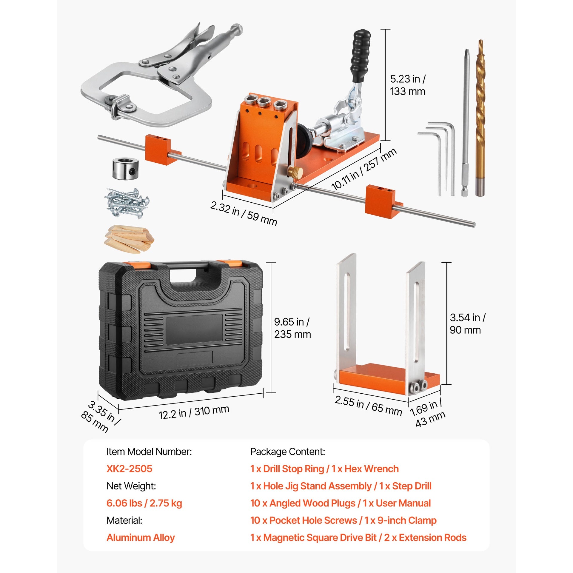 Pocket Hole Jig Kit, 1/2 to 1-1/2 in Adjustable, Jig Pocket Hole System with Toolcase, C-Clamp, Step Drill, Hex Wrench, Drill Stop Ring, Square Drive Bit, Reinforced Metal Frame, for Woodworking