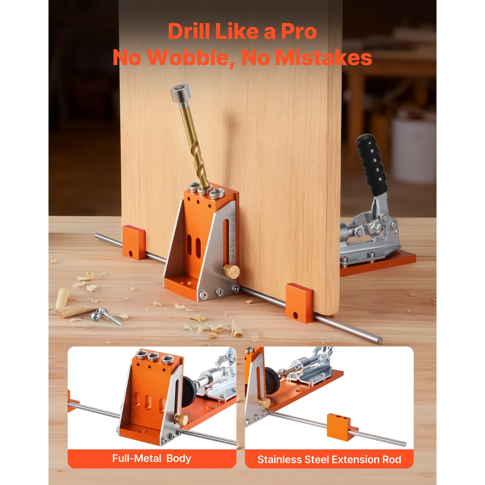 Pocket Hole Jig Kit, 1/2 to 1-1/2 in Adjustable, Jig Pocket Hole System with Toolcase, C-Clamp, Step Drill, Hex Wrench, Drill Stop Ring, Square Drive Bit, Reinforced Metal Frame, for Woodworking