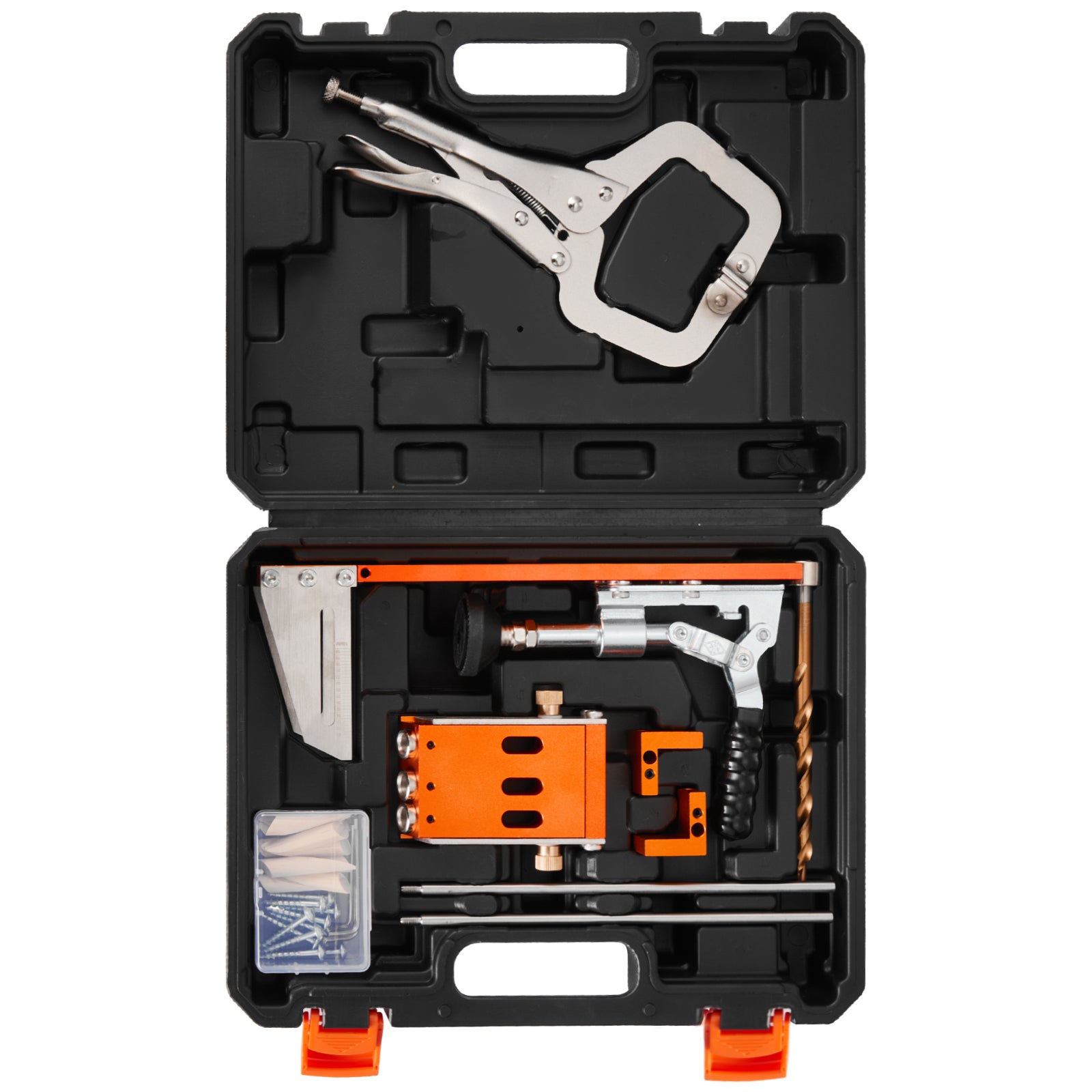 Pocket Hole Jig Kit, 1/2 to 1-1/2 in Adjustable, Jig Pocket Hole System with Toolcase, C-Clamp, Step Drill, Hex Wrench, Drill Stop Ring, Square Drive Bit, Reinforced Metal Frame, for Woodworking