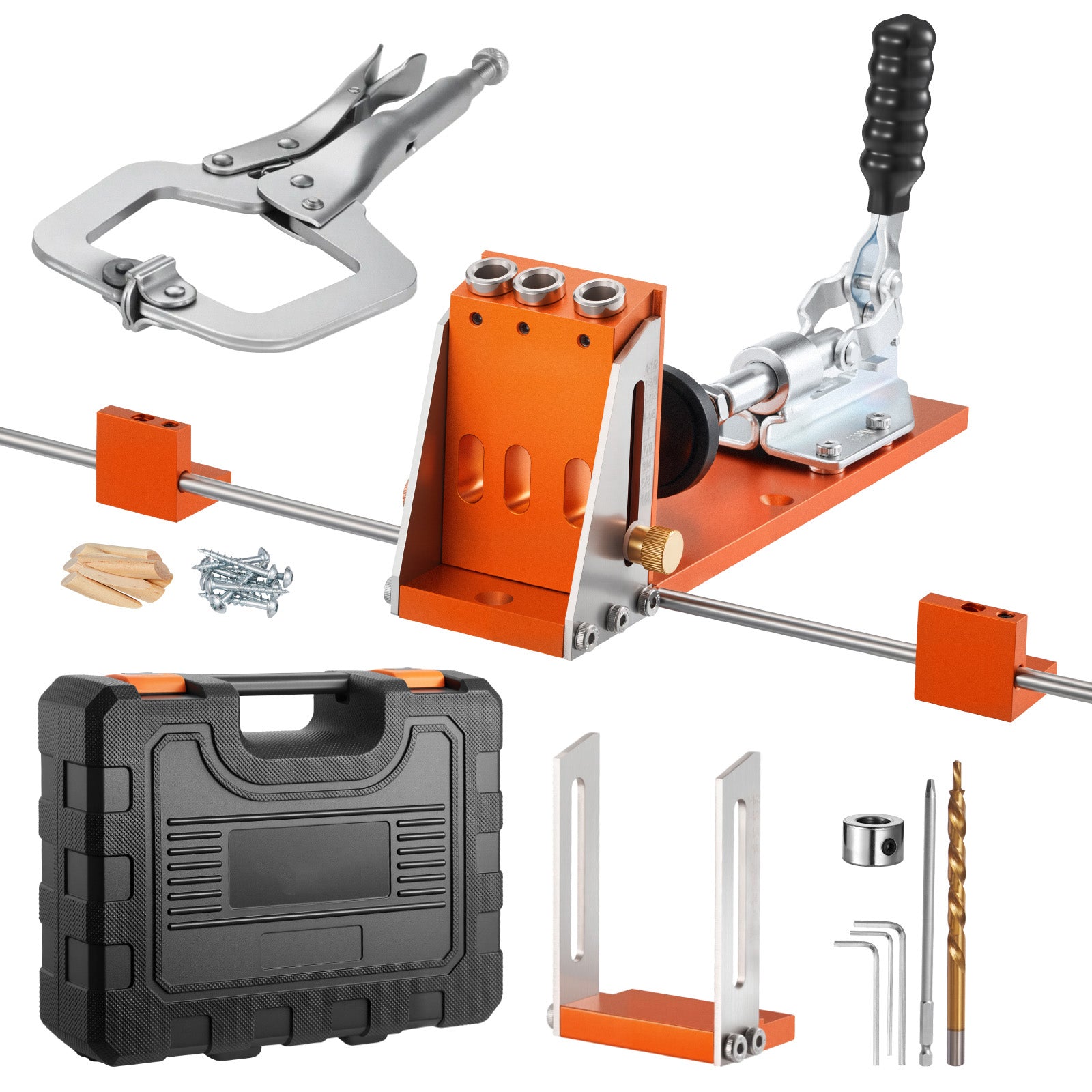 Pocket Hole Jig Kit, 1/2 to 1-1/2 in Adjustable, Jig Pocket Hole System with Toolcase, C-Clamp, Step Drill, Hex Wrench, Drill Stop Ring, Square Drive Bit, Reinforced Metal Frame, for Woodworking