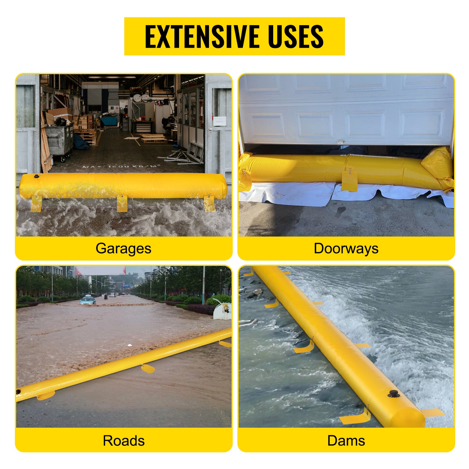 Flood Bag, 24 ft Length x 12 in Height, Reusable PVC Water Diversion Tubes, Lightweight with Excellent Waterproof Effect Used for Doorways, Garages, Yellow