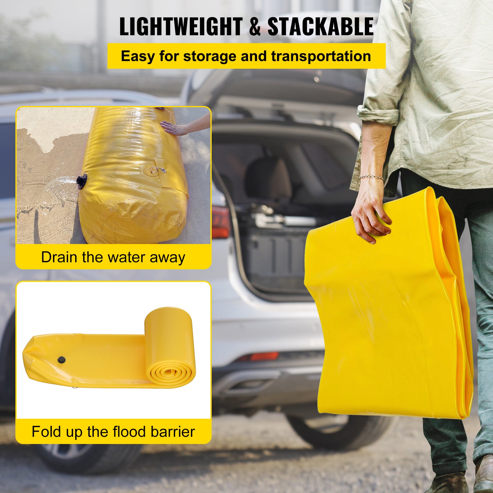 Flood Bag, 24 ft Length x 12 in Height, Reusable PVC Water Diversion Tubes, Lightweight with Excellent Waterproof Effect Used for Doorways, Garages, Yellow