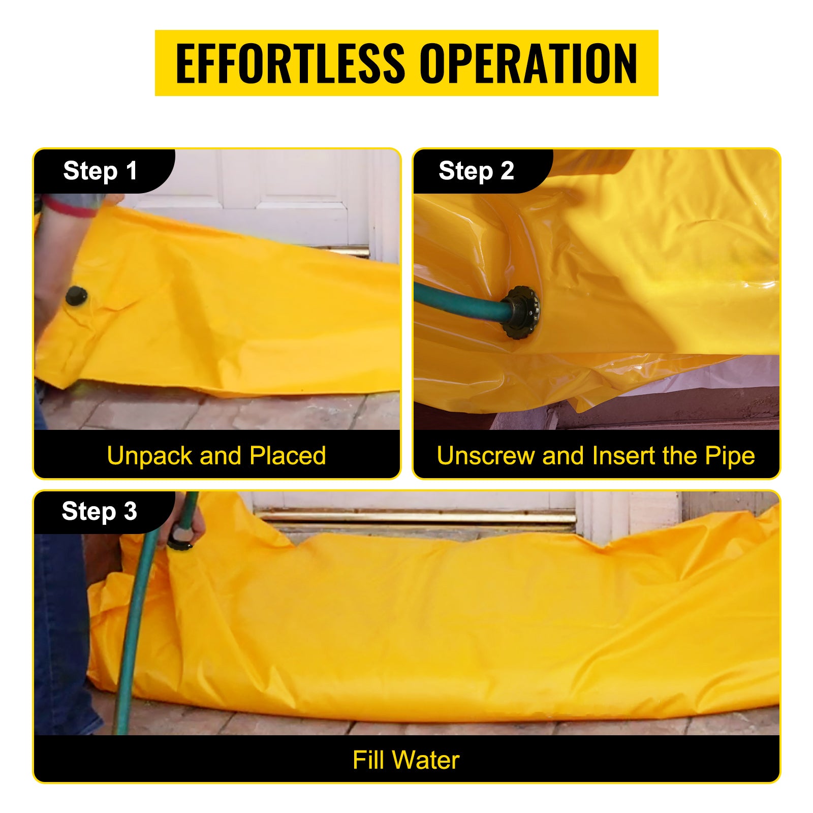 Flood Bag, 24 ft Length x 12 in Height, Reusable PVC Water Diversion Tubes, Lightweight with Excellent Waterproof Effect Used for Doorways, Garages, Yellow
