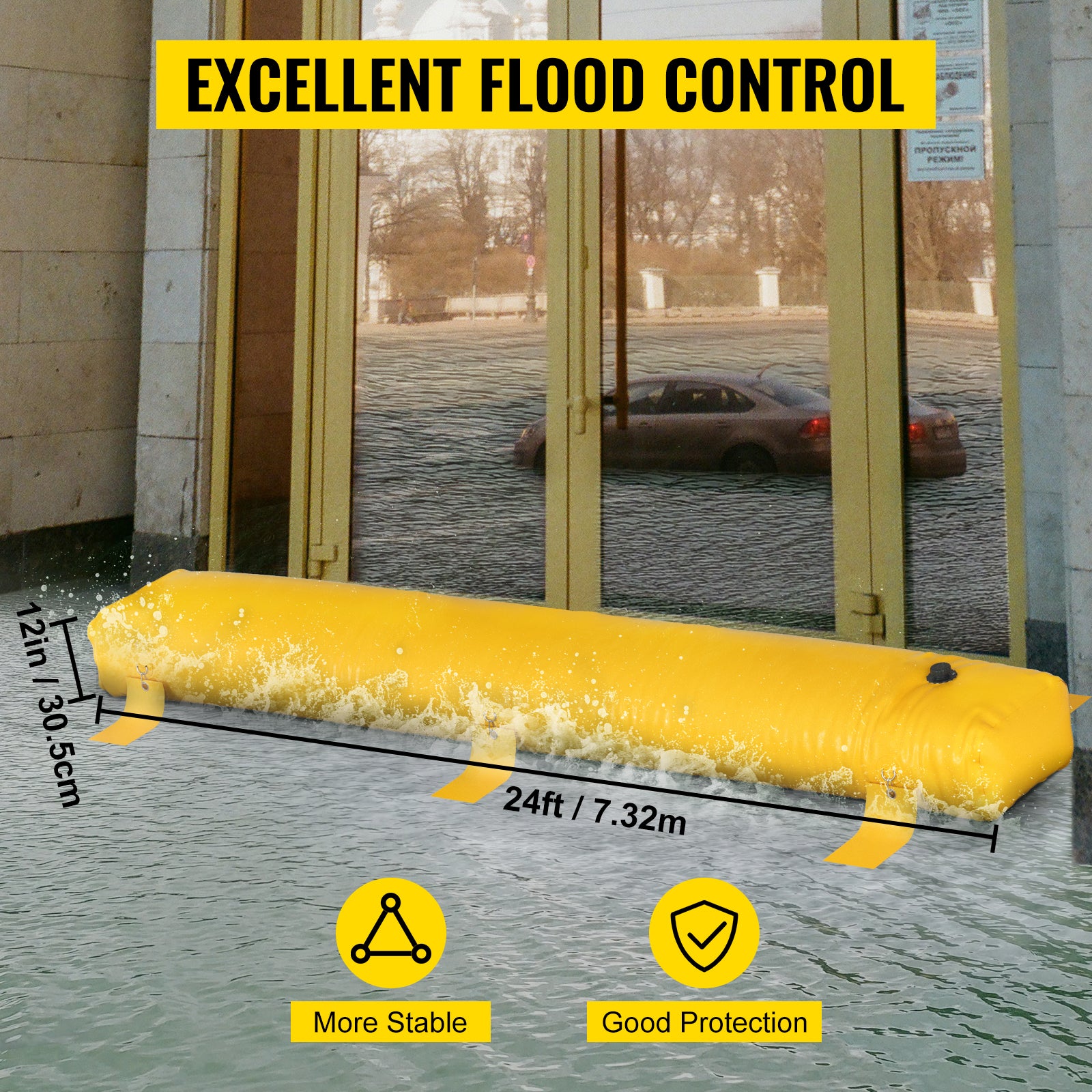 Flood Bag, 24 ft Length x 12 in Height, Reusable PVC Water Diversion Tubes, Lightweight with Excellent Waterproof Effect Used for Doorways, Garages, Yellow