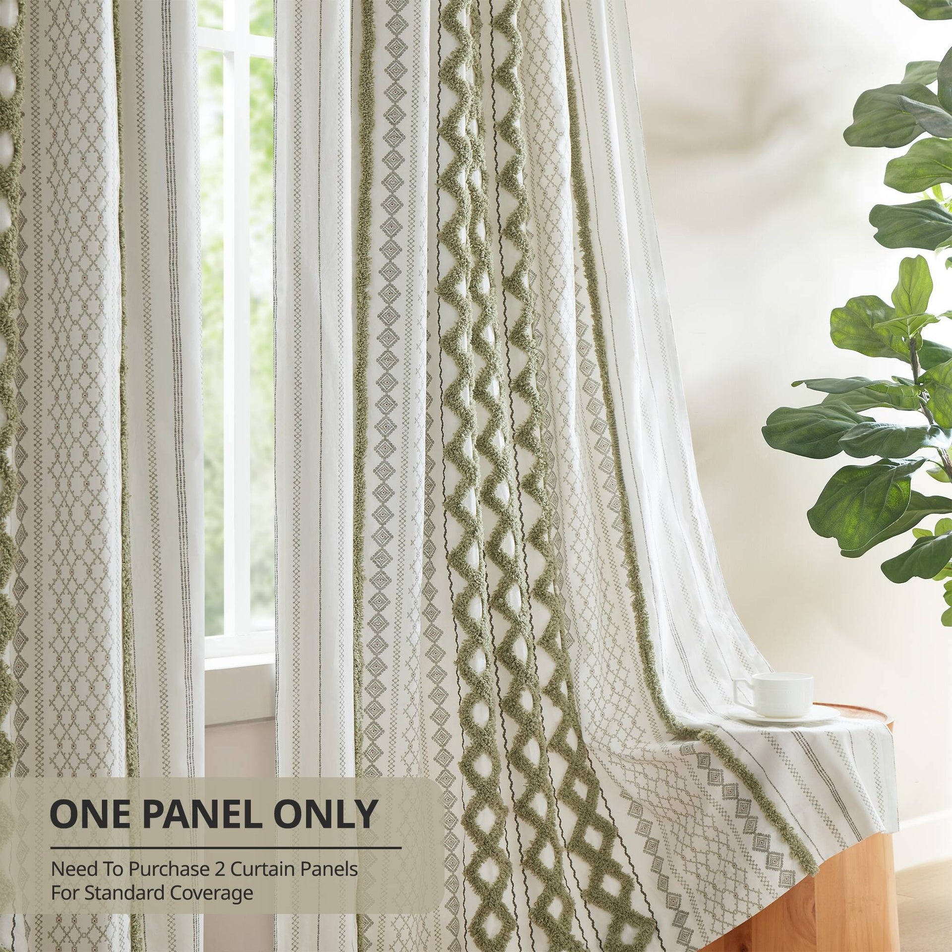 1 PCS 50x84" Cotton Printed Curtain Panel with Chenille Stripe and Lining Green