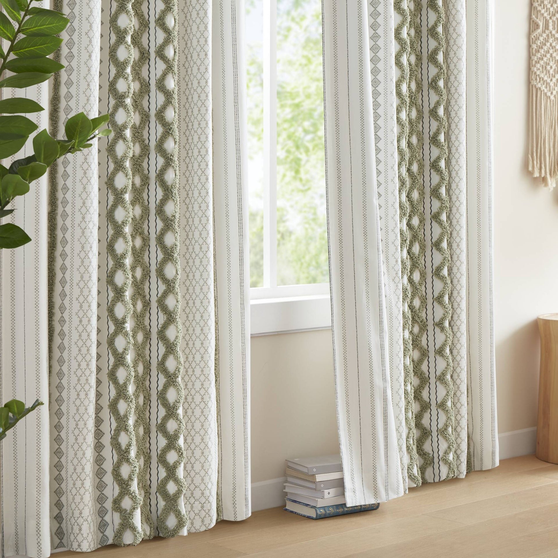 1 PCS 50x84" Cotton Printed Curtain Panel with Chenille Stripe and Lining Green