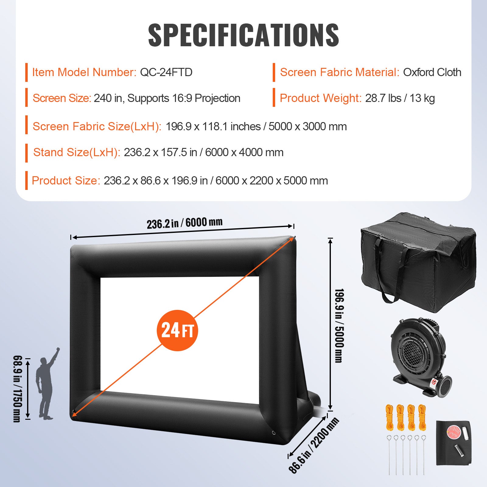 Inflatable Movie Screen 24FT Inflatable Projector Screen for outside with 360W Air Blower Inflatable Screen Oxford Fabric Material Blow Up Screen for Outdoor Movie Supports Front/Rear Projection