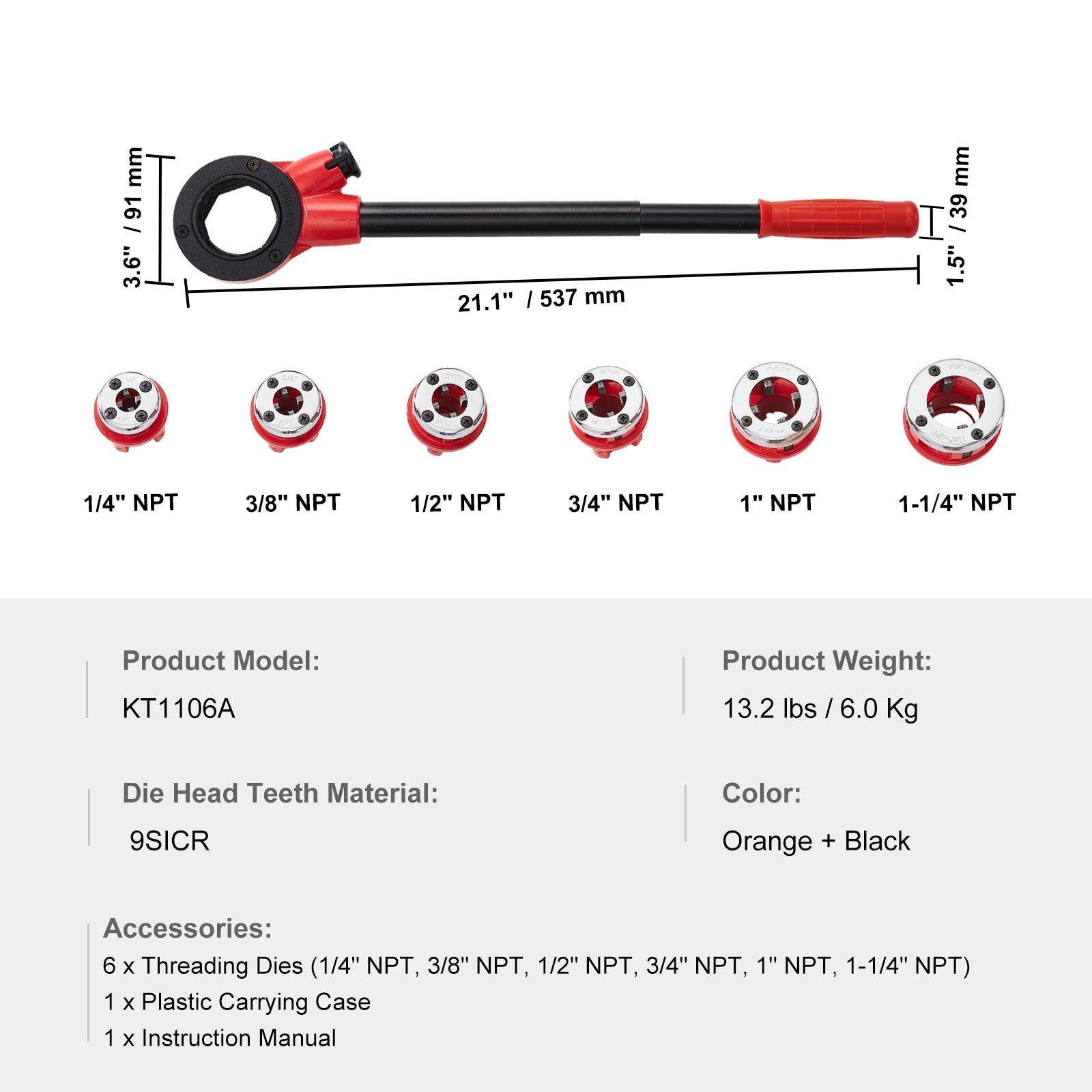 Ratchet Pipe Threader Kit, 1/4" NPT - 1-1/4" NPT Manual Ratcheting Pipe Threader, Portable Pipe Threading Tool Set with 6PCS NPT Dies, Storage Case for Galvanized Aluminum Iron Copper Pipes
