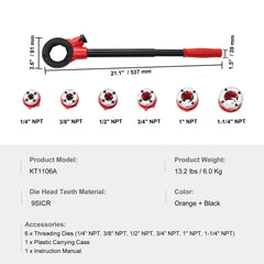 Ratchet Pipe Threader Kit, 1/4" NPT - 1-1/4" NPT Manual Ratcheting Pipe Threader, Portable Pipe Threading Tool Set with 6PCS NPT Dies, Storage Case for Galvanized Aluminum Iron Copper Pipes