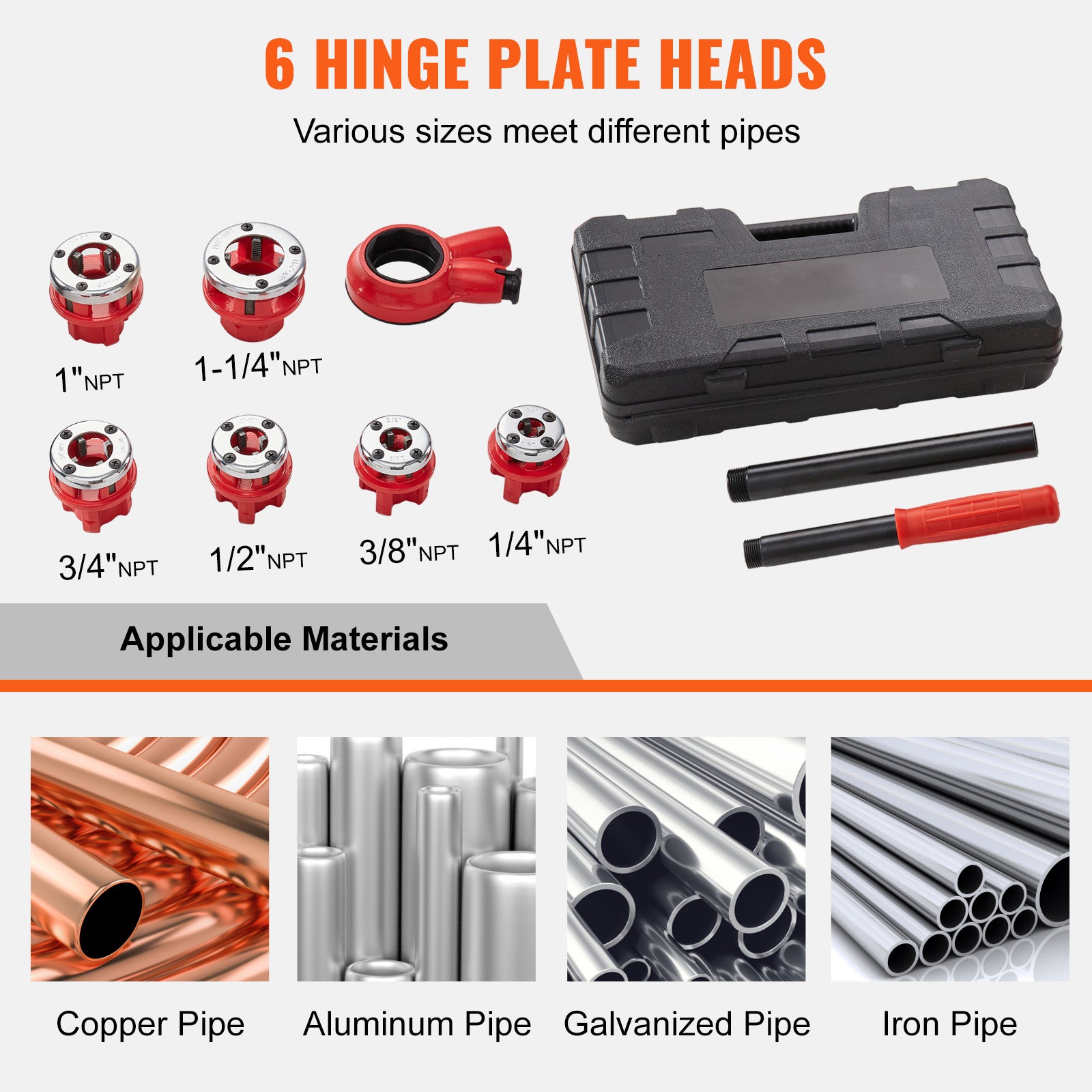Ratchet Pipe Threader Kit, 1/4" NPT - 1-1/4" NPT Manual Ratcheting Pipe Threader, Portable Pipe Threading Tool Set with 6PCS NPT Dies, Storage Case for Galvanized Aluminum Iron Copper Pipes