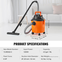 Shop Vacuum Wet And Dry, 5 Gallon 6 Peak HP Wet/Dry Vac, Powerful Suction with Blower Function with Attachments 2-in-1 Crevice Nozzle, Small Shop Vac Perfect for Carpet Debris, Pet Hair, Car