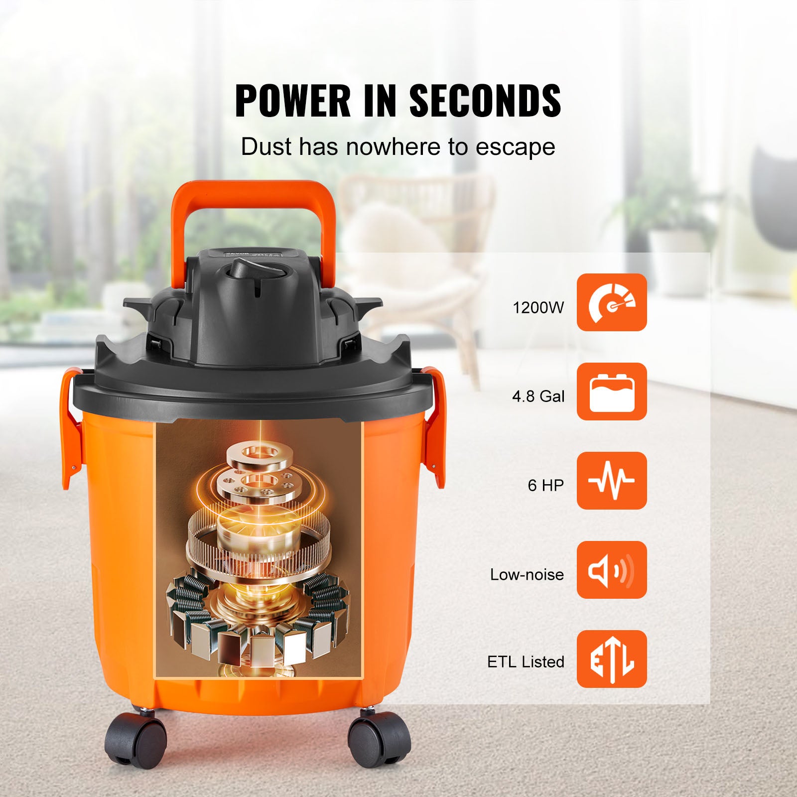 Shop Vacuum Wet And Dry, 5 Gallon 6 Peak HP Wet/Dry Vac, Powerful Suction with Blower Function with Attachments 2-in-1 Crevice Nozzle, Small Shop Vac Perfect for Carpet Debris, Pet Hair, Car