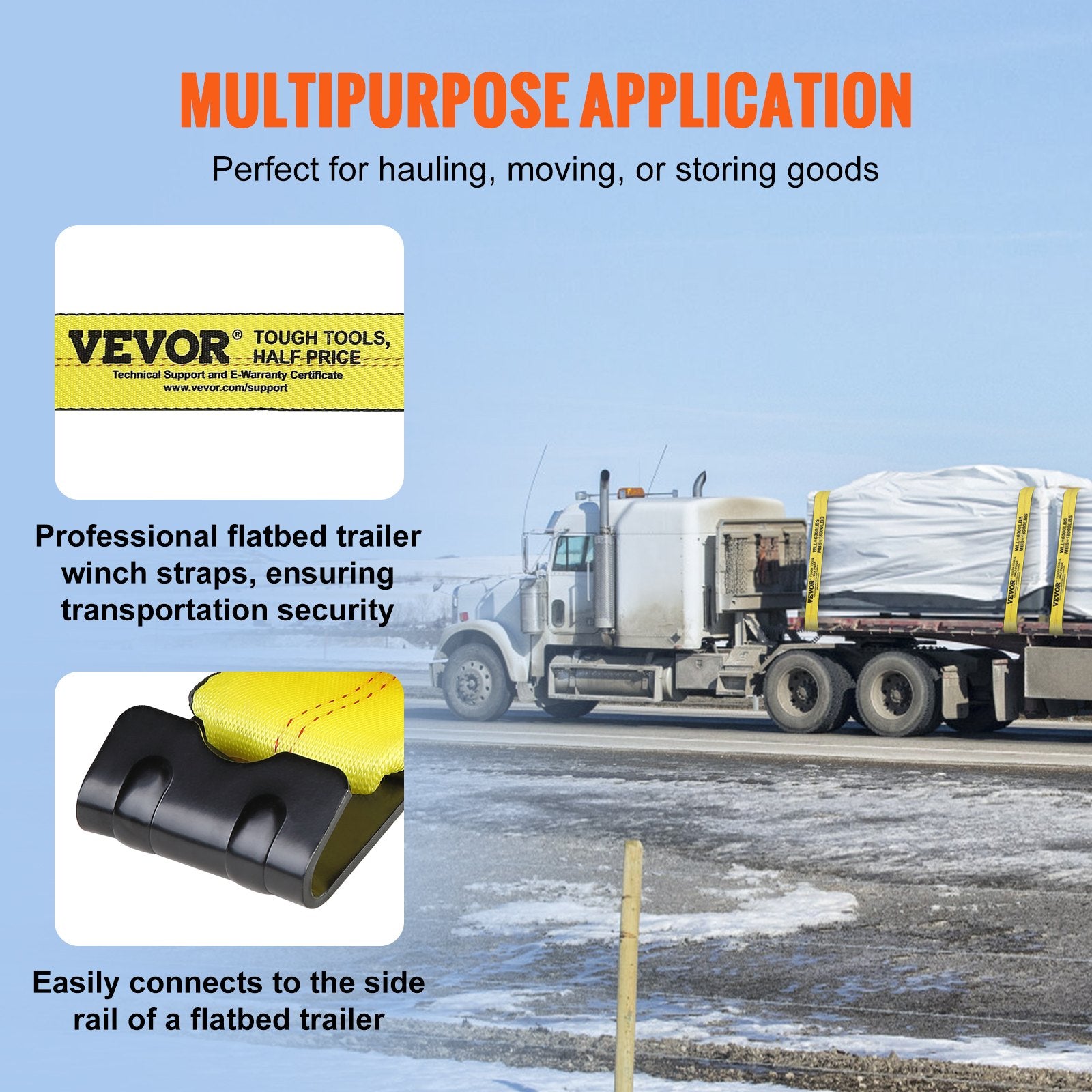 Winch Straps, 4" x 30', 6000 lbs Load Capacity, 18000 lbs Break Strength, Truck Straps with Flat Hook, Flatbed Tie Downs Cargo Control for Trailers, Farms, Rescues, Tree Saver, Yellow (10 Pack)