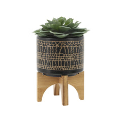 S/2 5/8" GLAZED PLANTER W/ STAND, BLACK
