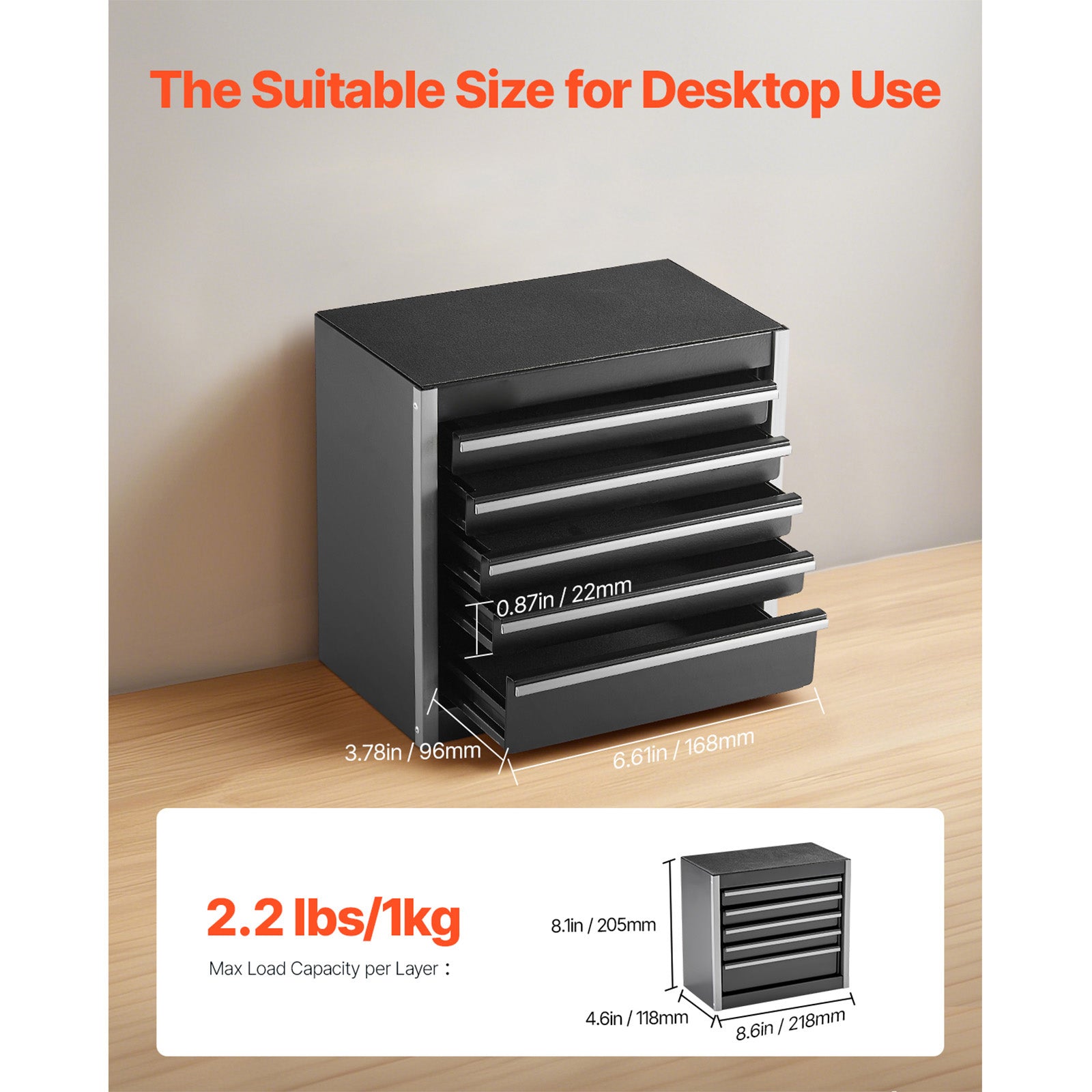 Tool Box 8.6-inch Portable Metal Tool Box with 5 Drawers Tool Organizer Black