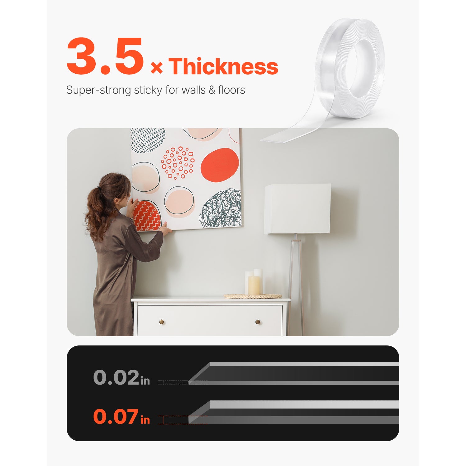 Double Sided Tape Heavy Duty, 16 ft Long Nano Mounting Tape, Strong Adhesive & Reusable, Clear Two Sided Wall Tape, Removable Poster Picture Hanging Strips for Home, Office, Car, Outdoor Use