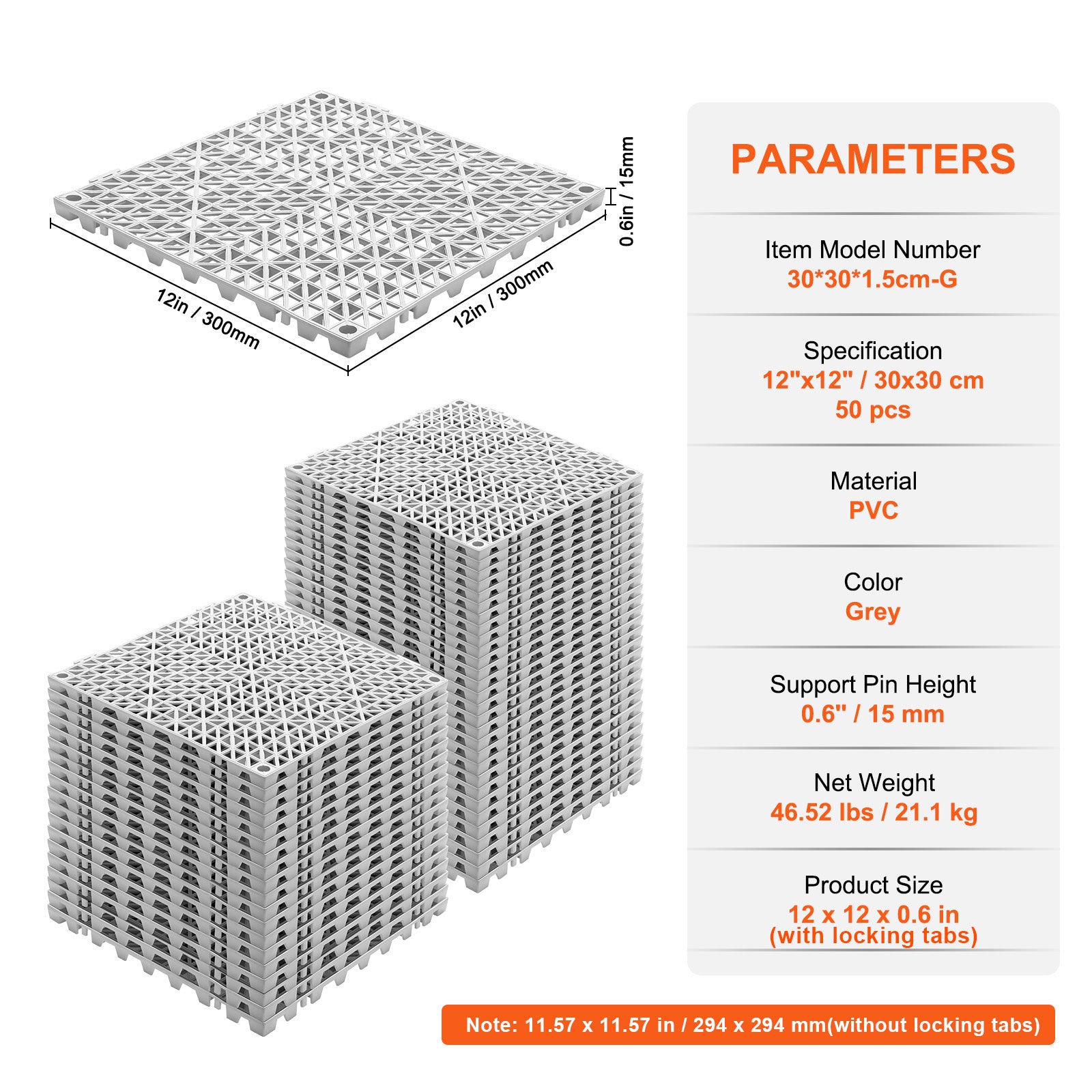 Interlocking Tile 50PCS Gray, Drainage Tiles 12" x 12" Splicing, PVC Interlocking Drainage Floor Tiles, Non-Slip Drainage Holes for Restroom, Bathroom, Kitchen, Pool, Wet Areas