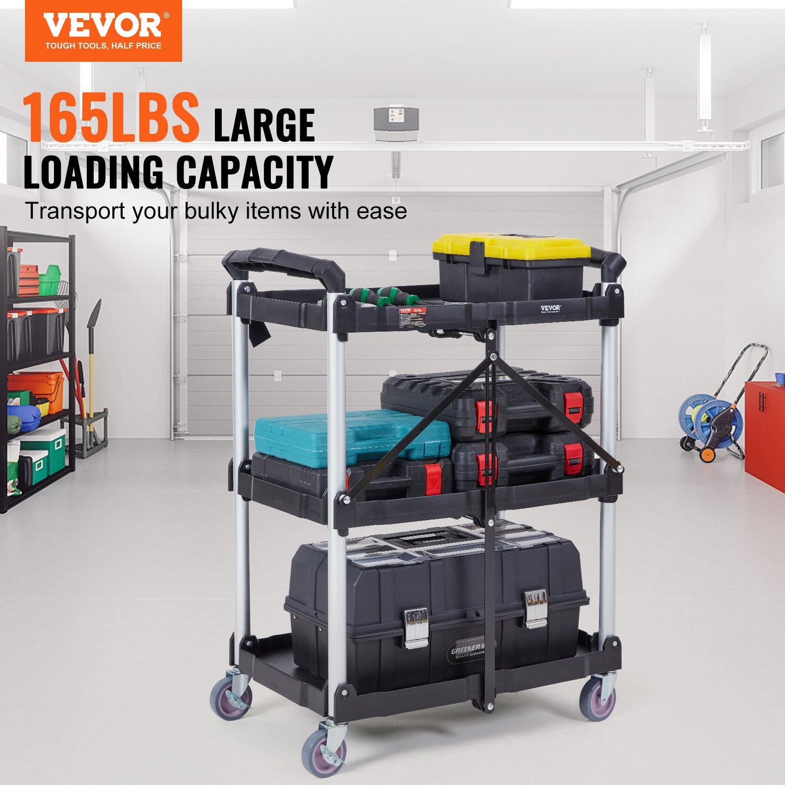 Foldable Utility Service Cart, 3 Shelf 165LBS Heavy Duty Plastic Rolling Cart with Lockable Wheels, Ergonomic Handle, Portable Garage Tool Cart for Warehouse/Office/Home(25.62"x15.43"x32.76")