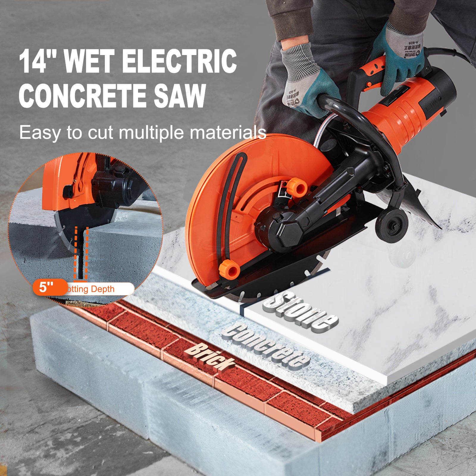 Electric Concrete Saw, 14 in Circular Saw Cutter with 5 in Cutting Depth, Wet/Dry Disk Saw Cutter Includes Water Line, Pump and Blade, for Stone, Brick, Porcelain, Concrete, 3200W/15A Motor