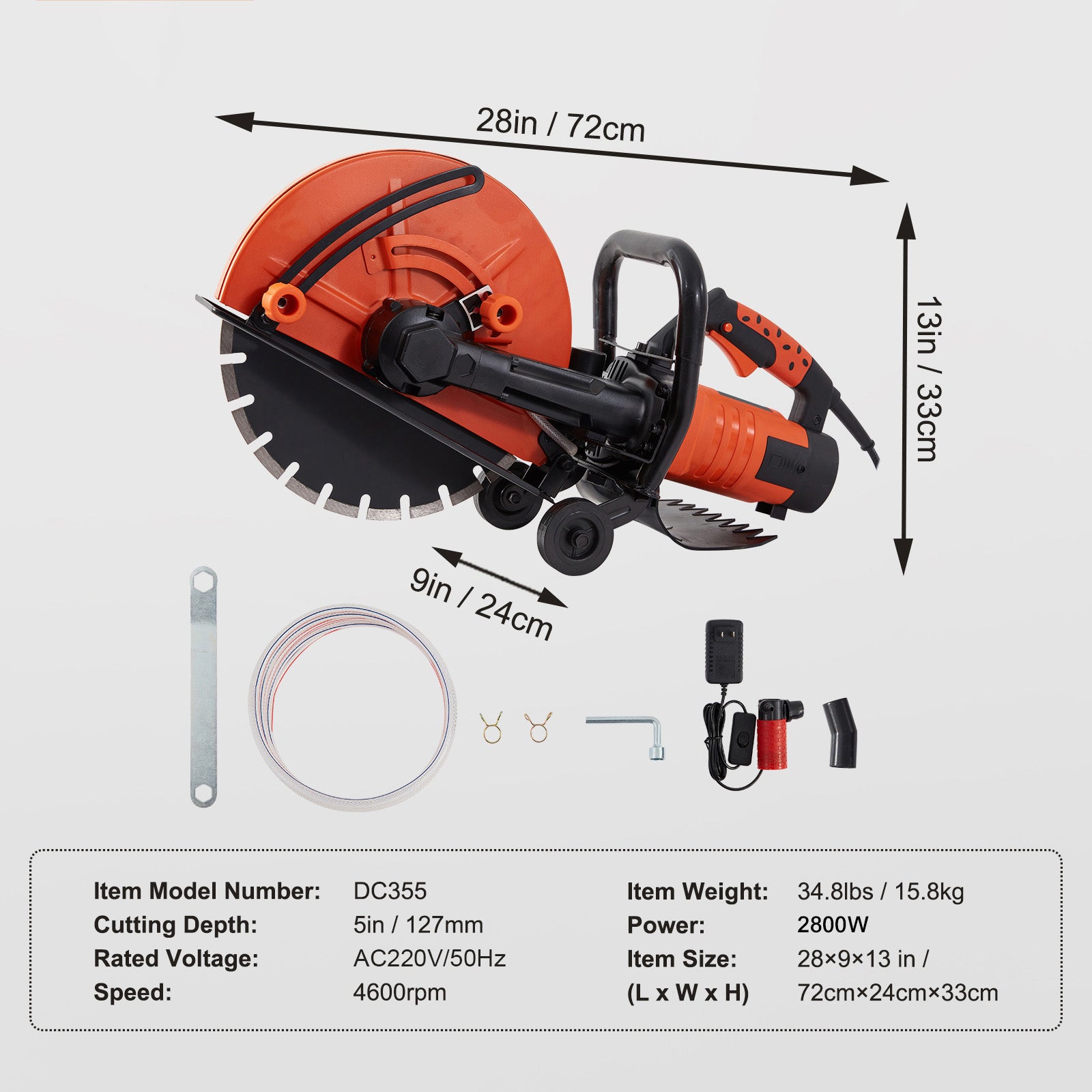 Electric Concrete Saw, 14 in Circular Saw Cutter with 5 in Cutting Depth, Wet/Dry Disk Saw Cutter Includes Water Line, Pump and Blade, for Stone, Brick, Porcelain, Concrete, 3200W/15A Motor