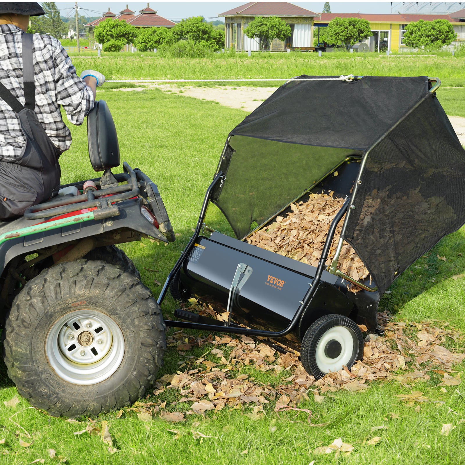 50" Tow Behind Lawn Sweeper 26 Cu. Ft. Leaf & Grass Collector Adjustable Height