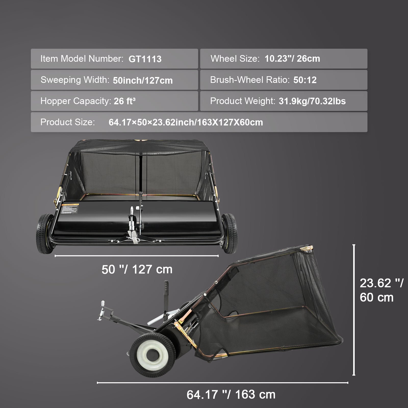 50" Tow Behind Lawn Sweeper 26 Cu. Ft. Leaf & Grass Collector Adjustable Height