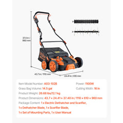 2-in-1 Electric Dethatcher and Scarifier, 16-Inch 15 Amp, Corded Lawn Dethatcher with 14.5-Gallon Thatch Collection Bag, 5-Position Depth Adjustment, Walk Behind Machine for Garden Yard Grass