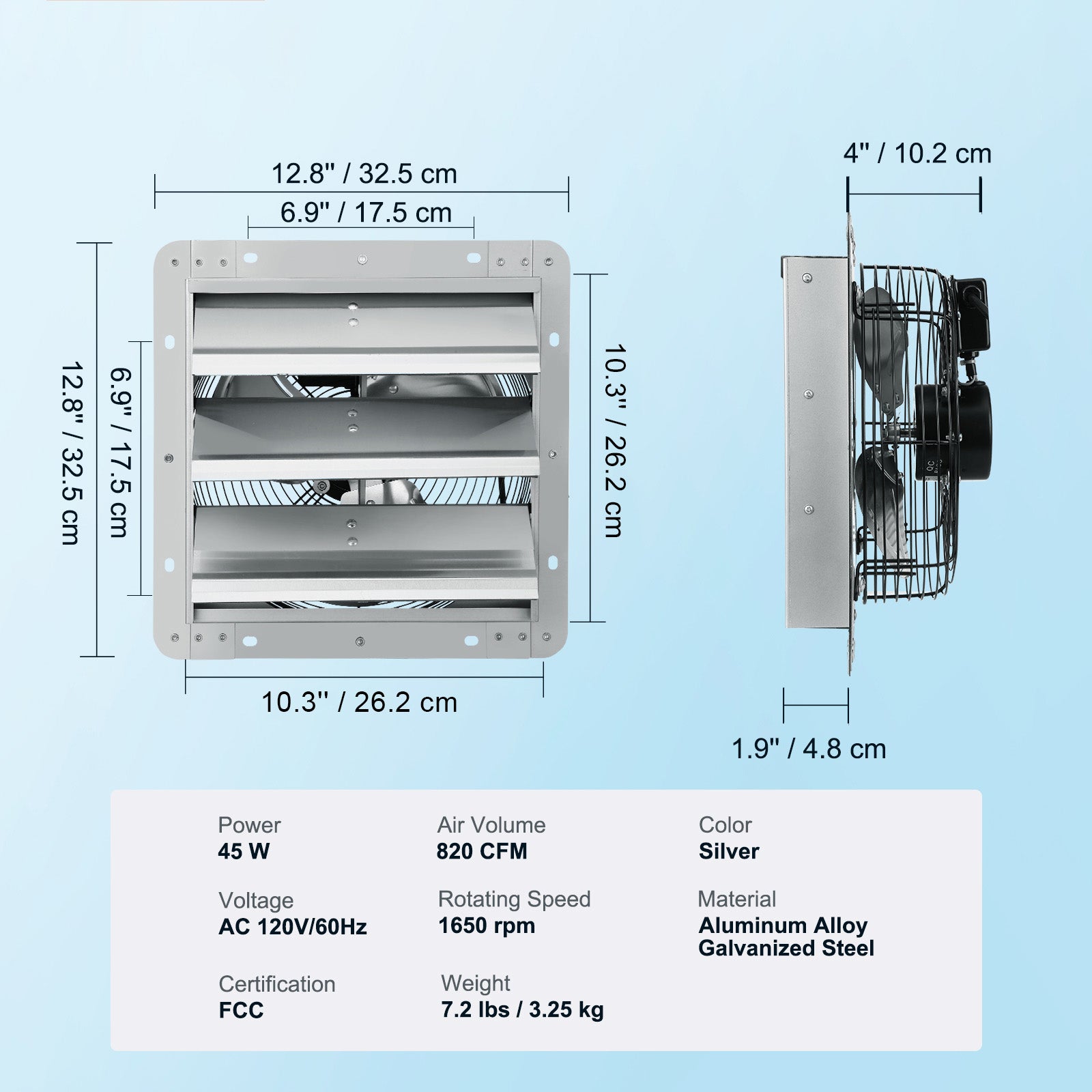 10'' Shutter Exhaust Fan, High-speed 820 CFM, Aluminum Wall Mount Attic Fan with AC-motor, Ventilation and Cooling for Greenhouses, Garages, Sheds, Shops, FCC