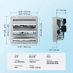 10'' Shutter Exhaust Fan, High-speed 820 CFM, Aluminum Wall Mount Attic Fan with AC-motor, Ventilation and Cooling for Greenhouses, Garages, Sheds, Shops, FCC